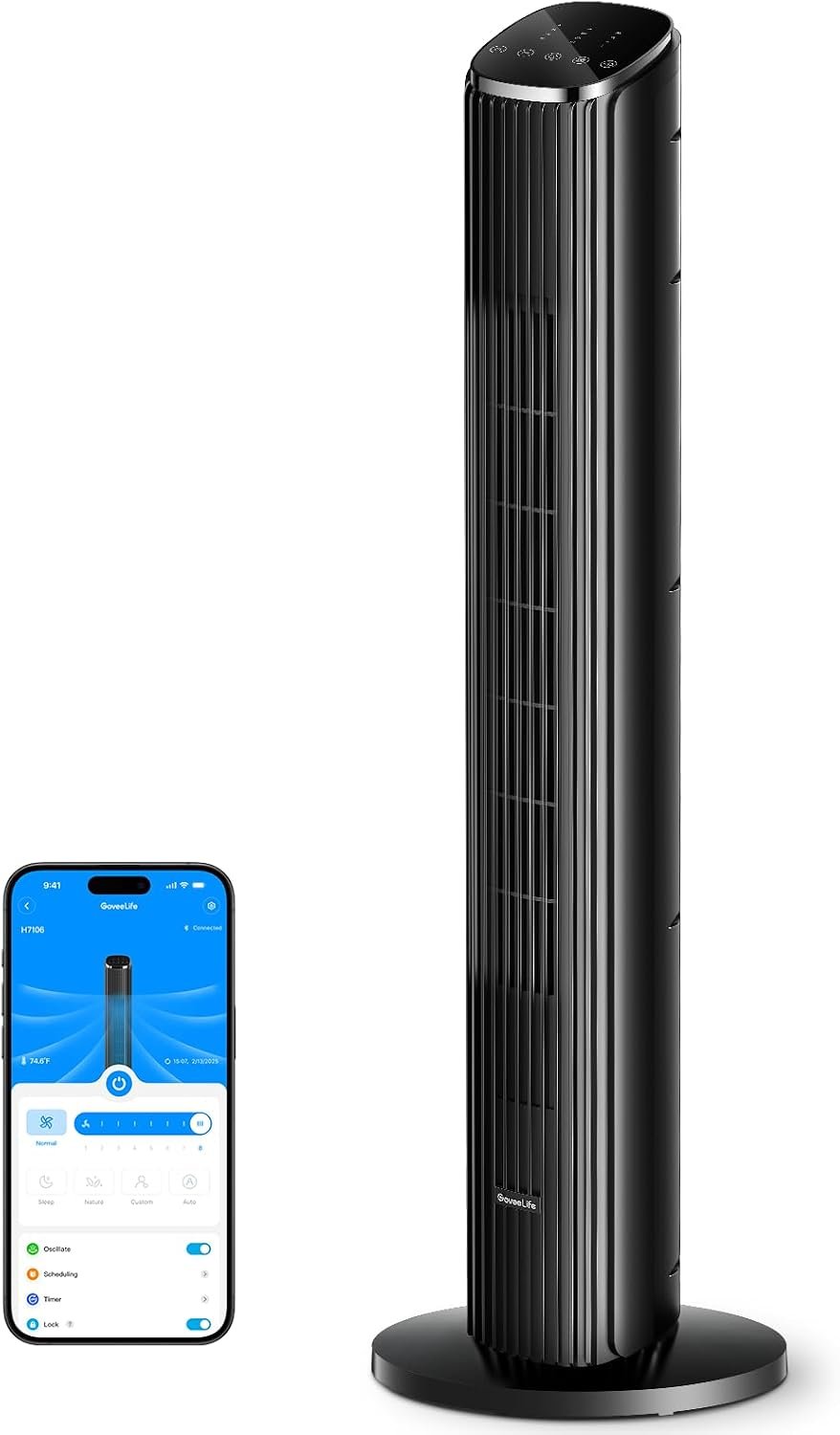 GoveeLife Black Tower Fan for Bedroom, 36″ Smart Floor Fan with App/Voice Control, Temperature Sensor, 5 Modes 8 Speeds(25ft/s), 29dB Quiet Oscillating Fan for Office, 24H Timer, Auto Cooling