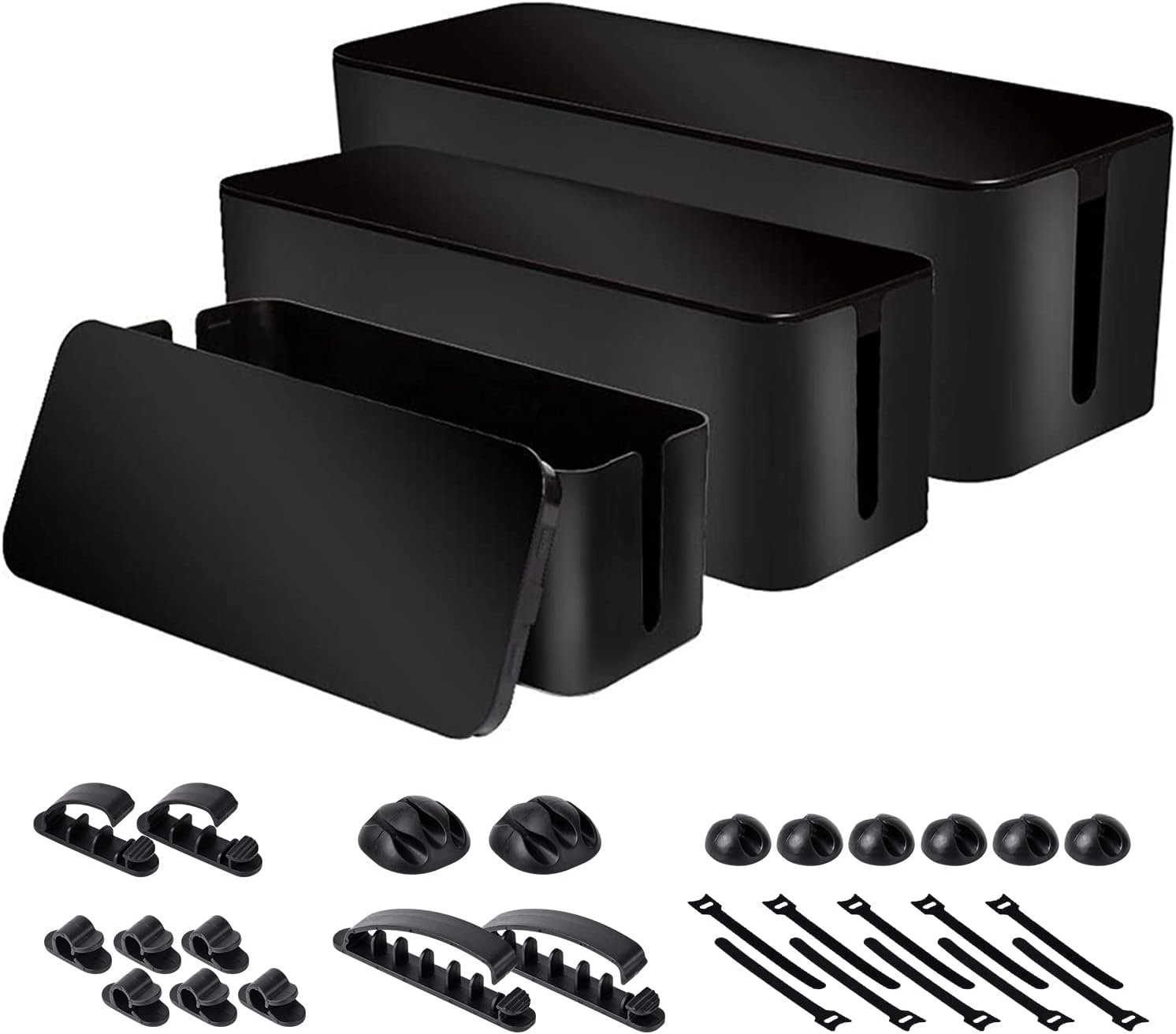 Cable Organizer Box Set of Three, Power Cover Cord Holder Surge Protector for Desk (Black)