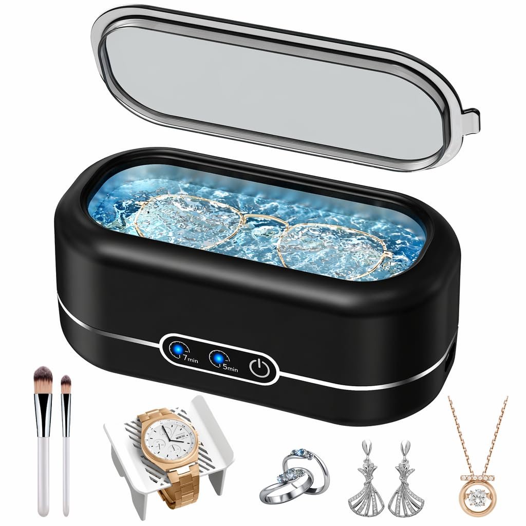 Miorcols Ultrasonic Jewelry Cleaner, 48KHz Jewelry Ultrasonic Cleaner Machine for All Jewelry, Glasses, Rings, Retainers, Watch Strap, Dentures, 304 Stainless Steel 12oz Cleaning Pod – Matte Black