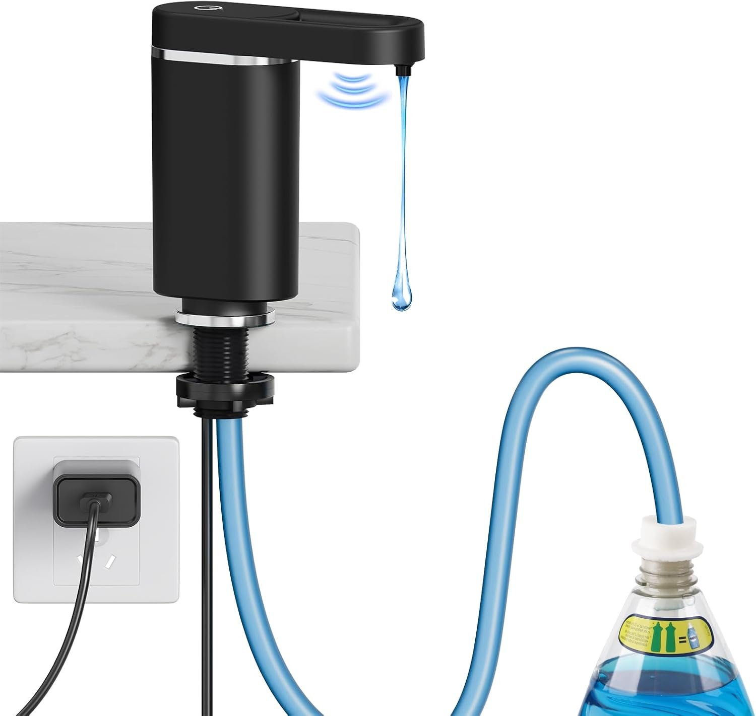 Automatic Dish Soap Dispenser for Kitchen Sink, Touch-Free Electric Sink Soap Pump, Plug-in Powered, Leak-Proof Universal Fit, 35″ No-Spill Tube Kit, Easy Install & Sleek Design for Kitchen Bathroom