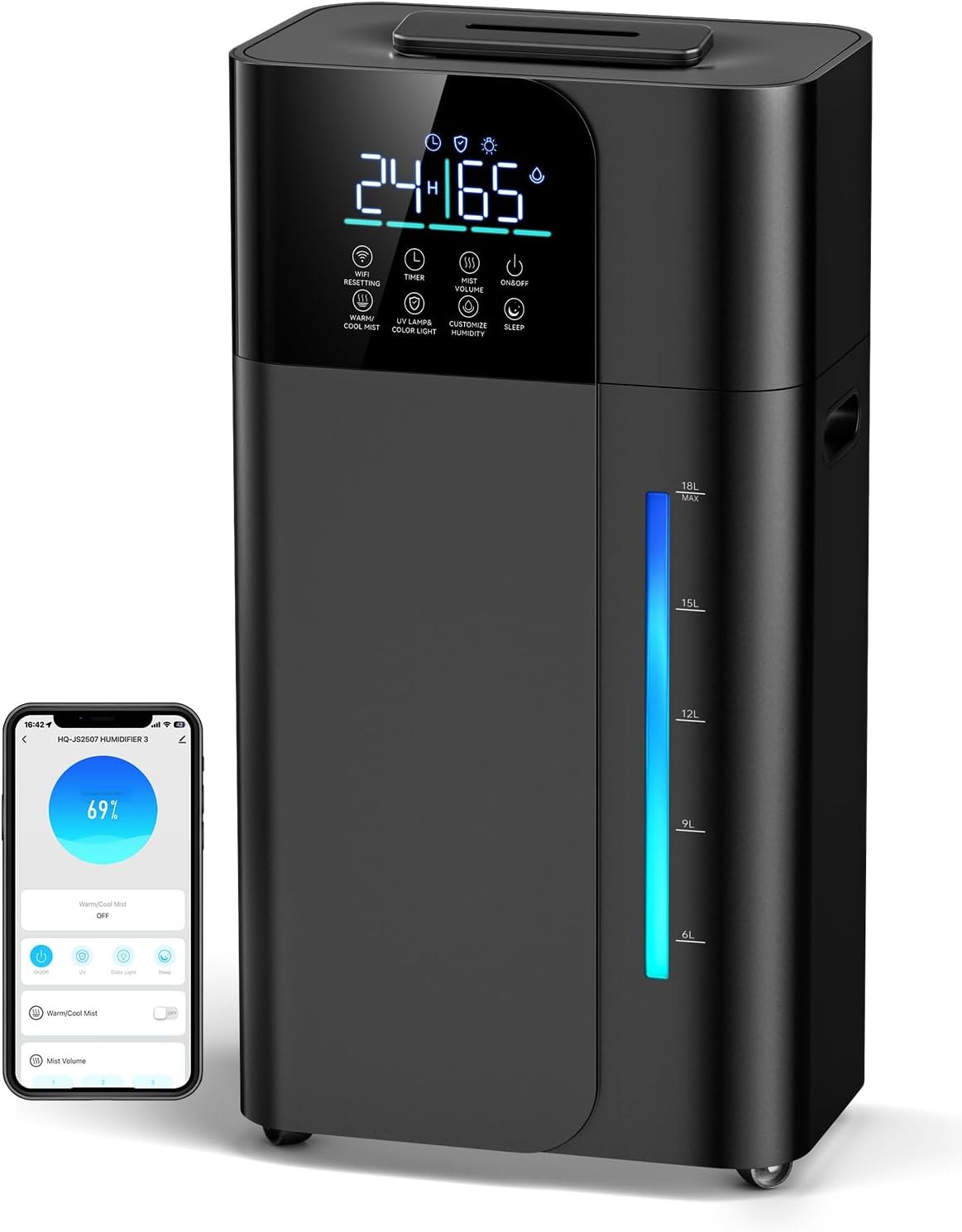 18L/4.7Gal Smart Humidifier Large Room, Warm & Cool Mist Humidifier for Bedroom, Up to 2500 sq ft Whole House Coverage, 800mL/h Output, Top Fill, 24H Timer, 70H Runtime, Humidifier for Home, Plant