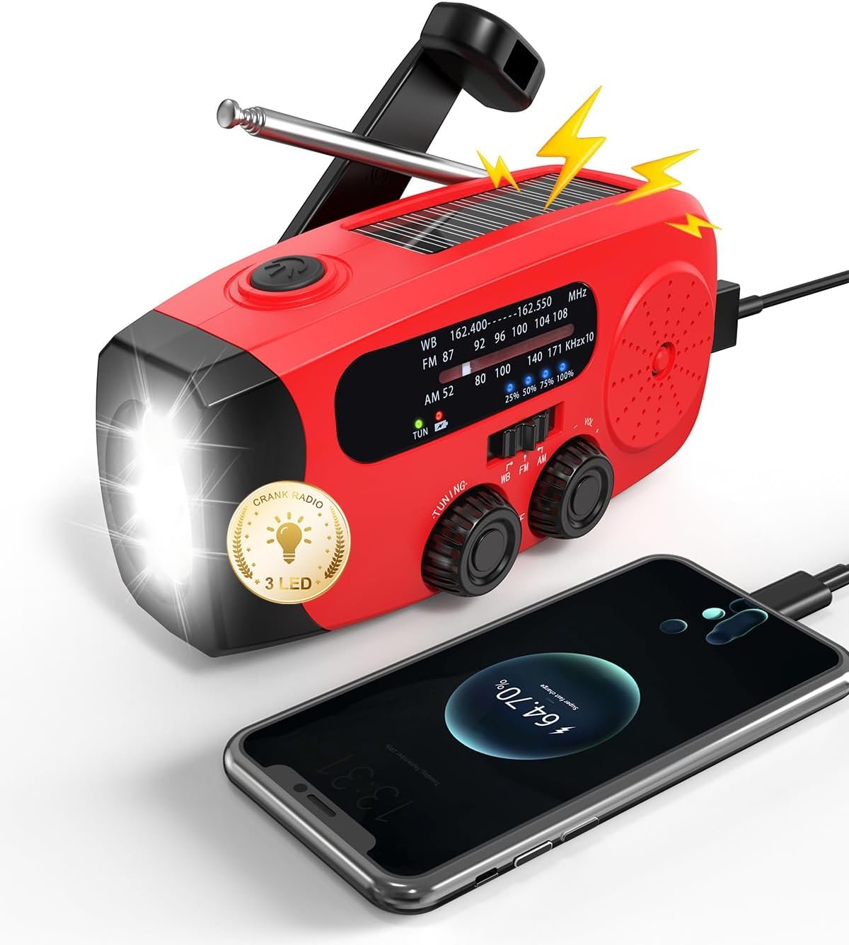 Emgykit Hand Crank Radio with AM/FM/NOAA Weather Band,for Emergencies | 3 LED Flashlights,SOS Function,Solar Powered,Hand Cranked, 2000mAh/7400mWh Charger,for Power Outage – Red