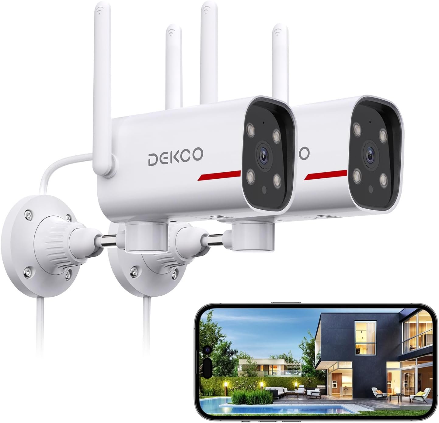 DEKCO 2 Pack Outdoor Security Camera with 2K Color Night Vision, Pan Rotating 180° Wired WiFi Camera Support 24/7 Recording, 2.4GHz WiFi, AI Human Auto Tracking, Work with Alexa/Google Assistant