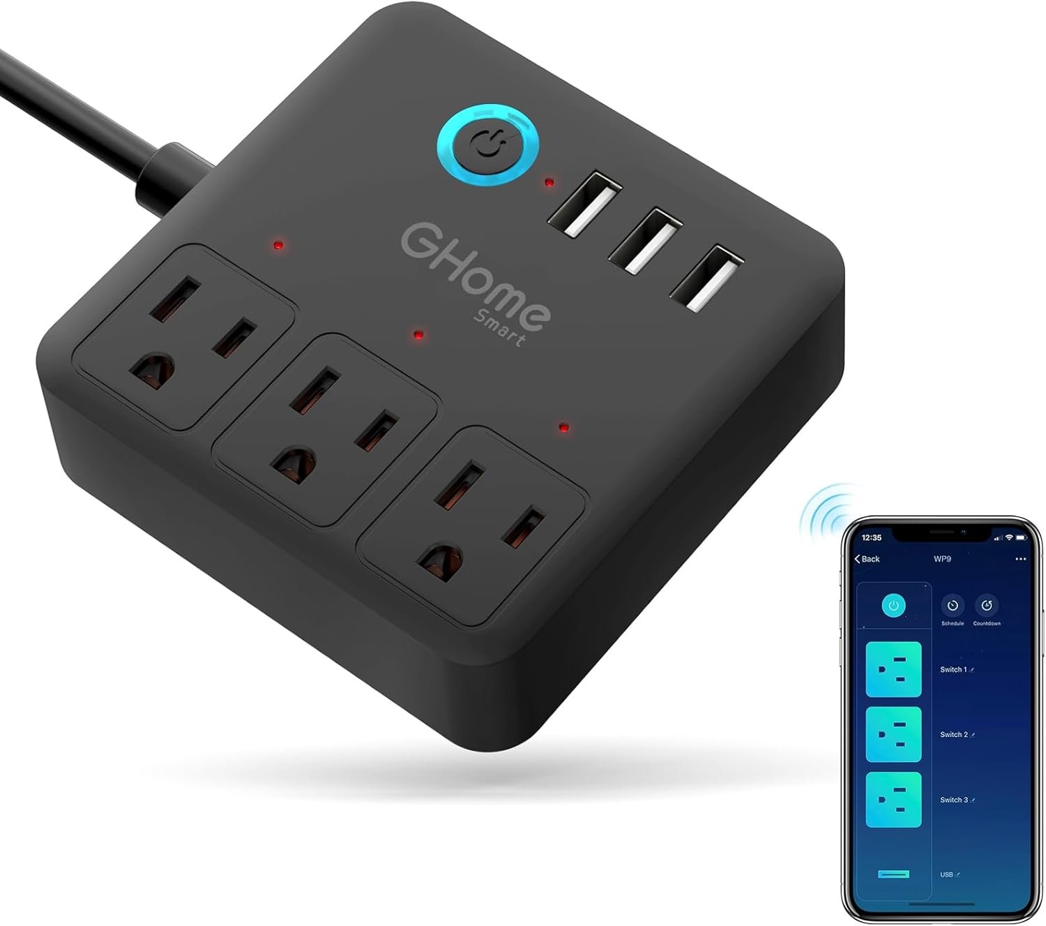 GHome Smart Power Strip with 3 WiFi Outlets & 3 USB Ports, ETL Listed Smart Surge Protector, Works with Alexa & Google, Individual Control WiFi Outlet Strip 4Ft Extension Cord for Home Office & Travel