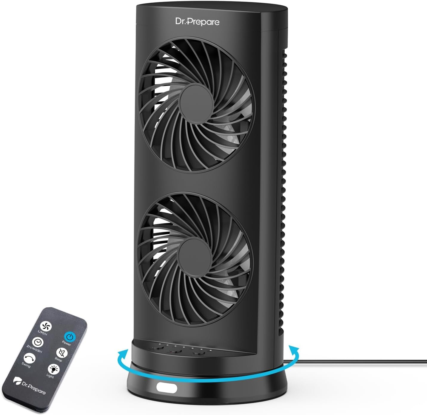 DR.PREPARE Desk Fan USB DC Tower Cooling Fan with Remote Control, DC Motor Portable Oscillating Fan, 3 Speeds, Dual Air Circulation, 110° Oscillation, Table Fan for Bedroom Dorm Room Office Desktop