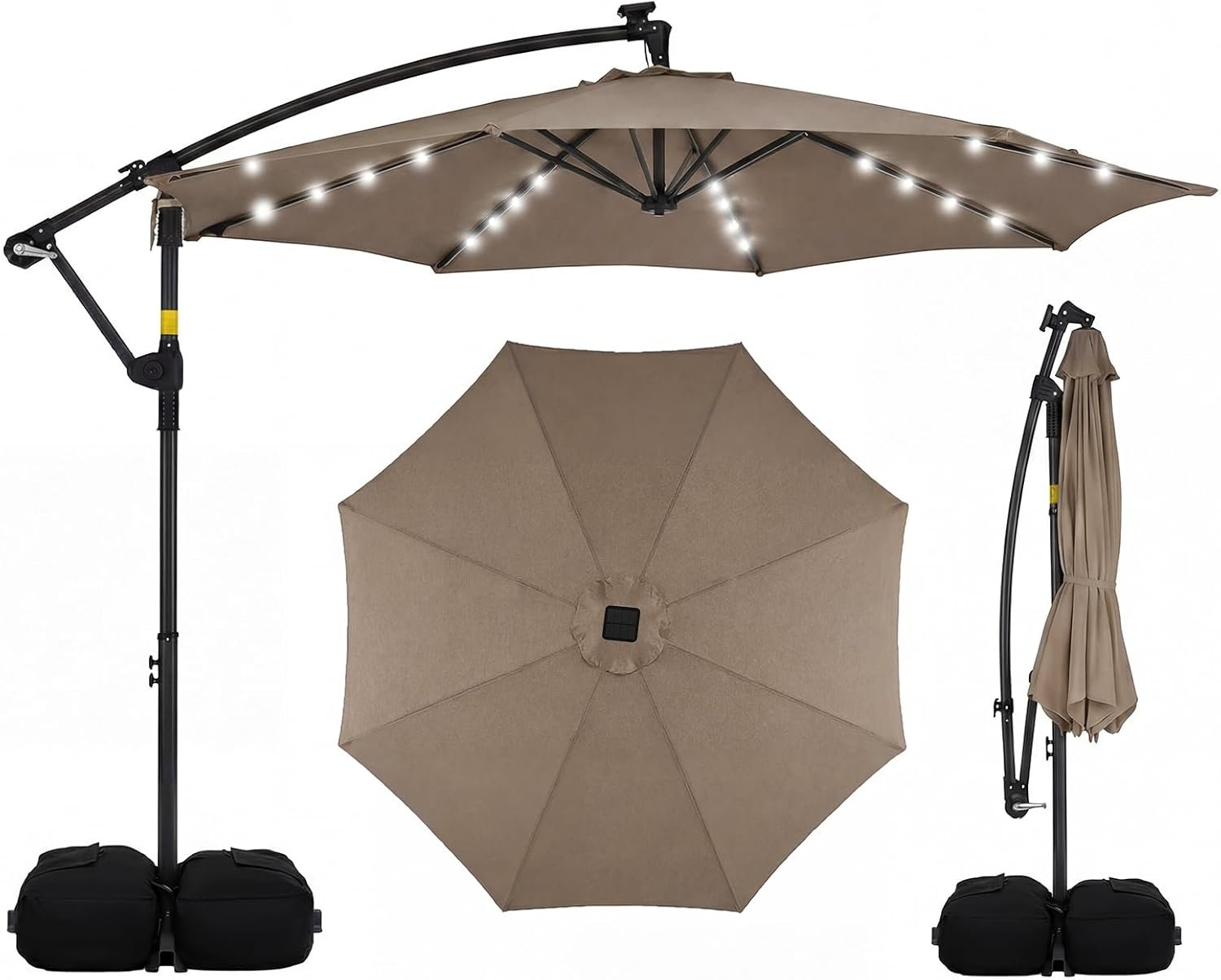 Tangkula 10ft Solar Patio Umbrella with Base Included, Offset Cantilever Outdoor Umbrella with 32 LED Lights, 360 Degree Rotation, Crank Handle for Pool Deck Garden Backyard (Tan)