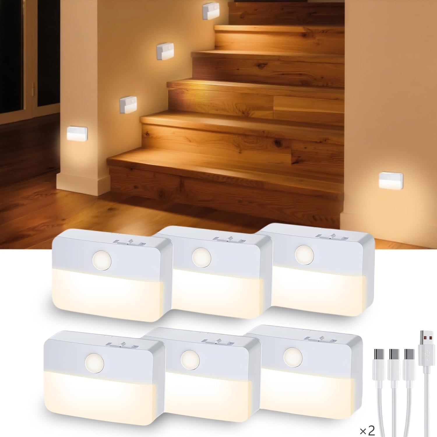 Motion Sensor Night Light Indoor, Rechargeable LED Stair Lights, Warm White Stick-On Wireless Closet Lights, Battery Operated Hallway, Cabinet, Bedroom, Kitchen Lamp (6 Pack, White)