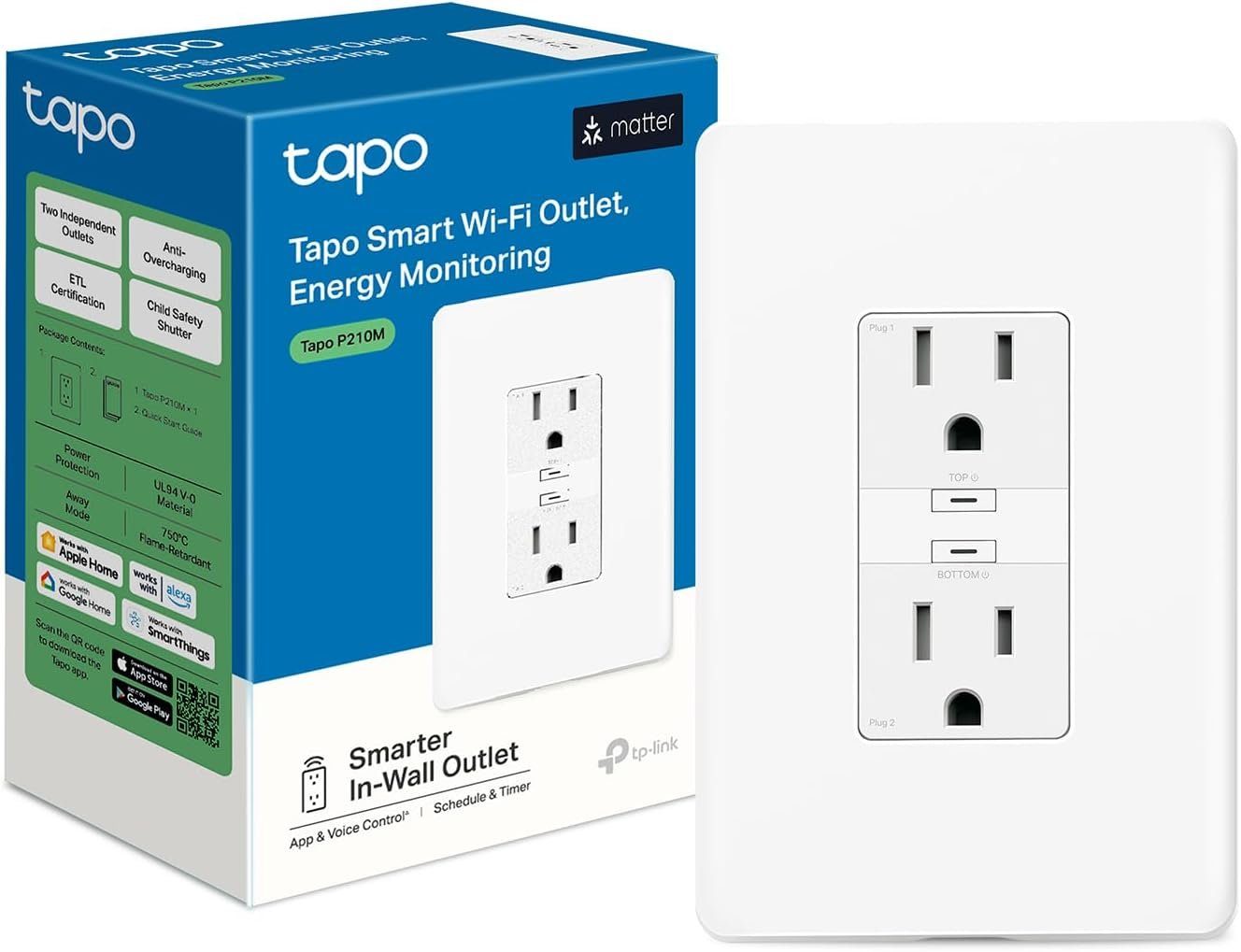 Tapo Smart Plug, Wi-Fi in-Wall Outlet, Matter Compatible, Energy Monitoring, 15A/1800W Max, Works with Alexa, Apple Home, Google Home, SmartThings, Voice/Remote Control, ETL Certified – Tapo P210M