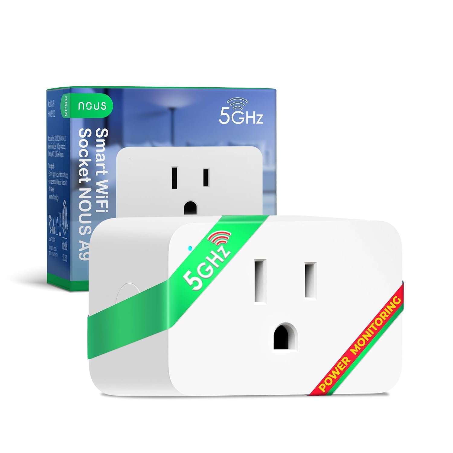 NOUS 5 GHz Wi-Fi Smart Plug 15A, Energy Monitoring, Compatible with Alexa, Google Home, Tuya Smart App, Remote Control, Timer, Compact Design, 1 Pack