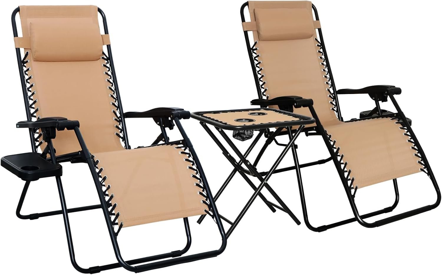 Amazon Basics Outdoor Textilene Adjustable Zero Gravity Folding Reclining Lounge Chair Set with Cup Holder, Side Table, Headrest, Weather-Resistant, 35 x 26 x 43 inches, Beige, 2-Pack