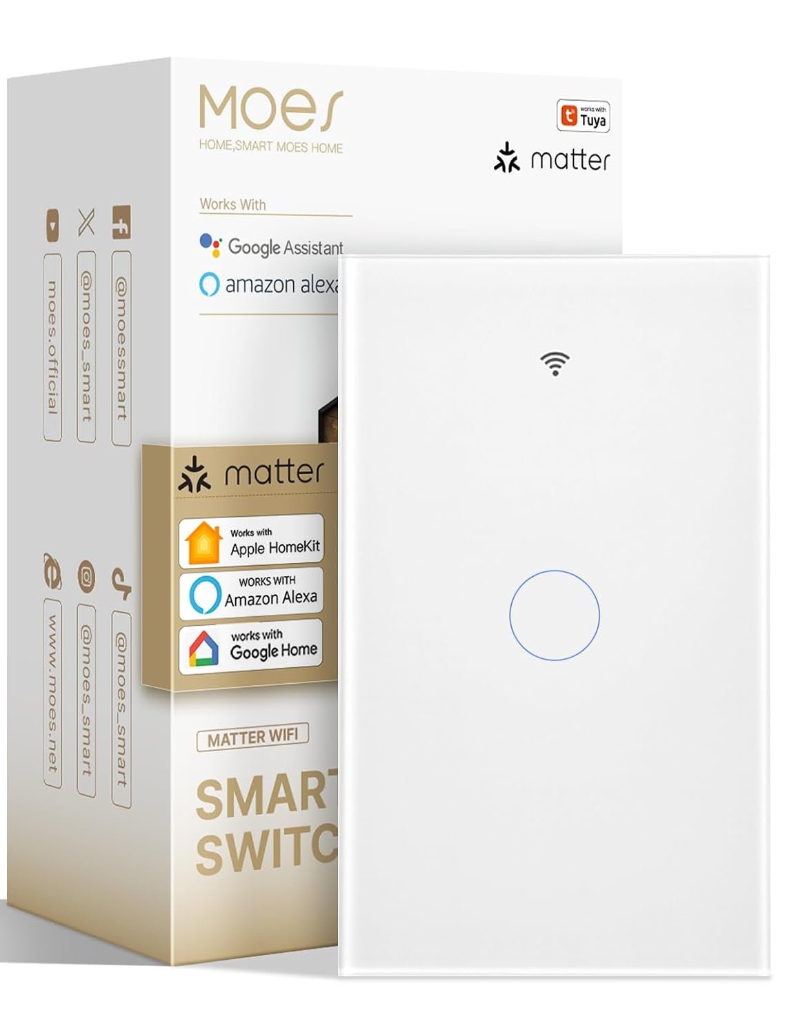 MOES Matter Smart Touch Wall Light Switch, Glass Panel Wi-Fi Wall Switch, Needs Neutral Wire, Single Pole, 2.4GHz, Timer and Schedule,Remote & Voice Control with Alexa, Google Home & Siri White 1 Gang