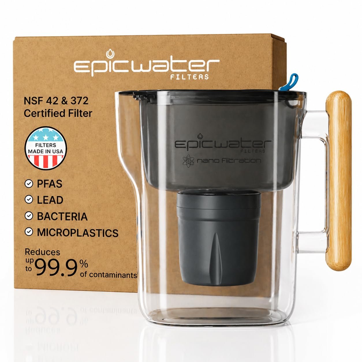 Epic Nano XP | Water Filter Pitchers for Drinking Water | 10 Cup | 150 Gallon Filter | Gravity Water Filter (Black & Bamboo)