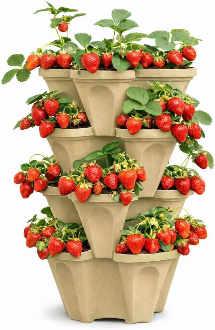 Stackable Vertical Planter Tower, 4 Tier Strawberry Planter,16 Plant Sites, Space Saving Garden Planter for Vegetables & Herbs, Indoor Outdoor, Made in USA (Desert Sand)