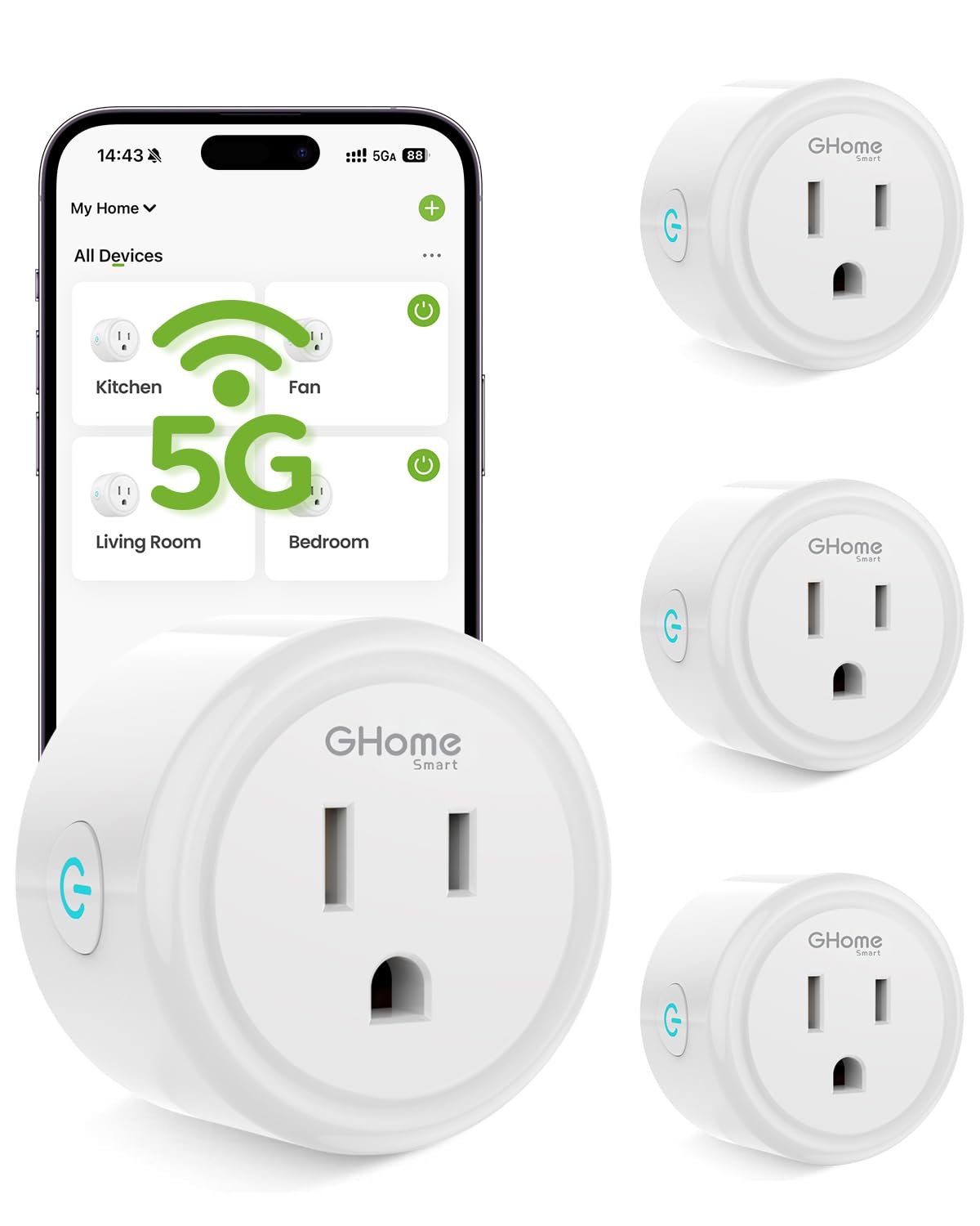 GHome Smart 5G 15A WiFi Smart Plug Compatible with Alexa and Google Home, Outlet Timer Smart Home WiFi Outlet Timer with Remote Control, 5GHz and 2.4GHz Wi-Fi Sockets, ETL FCC Listed, White, 4 Pack