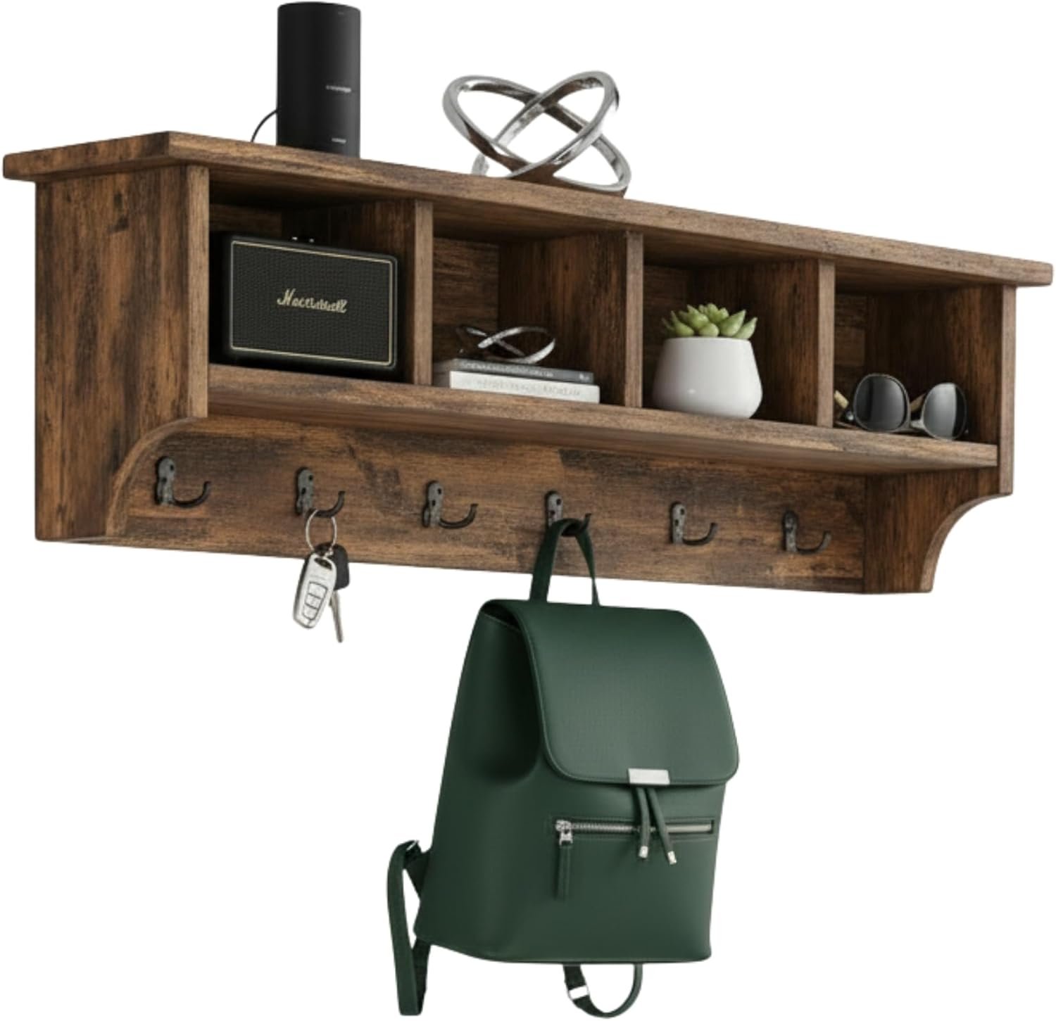 Alaterre Furniture Pomona Entryway Coat Rack – Rustic Farmhouse 48-Inch Wall-Mounted Coat Rack with 6 Double Hooks & 4 Open Cubbies – Solid Wood Mudroom Storage for Entryway or Hallway (Rustic Brown)