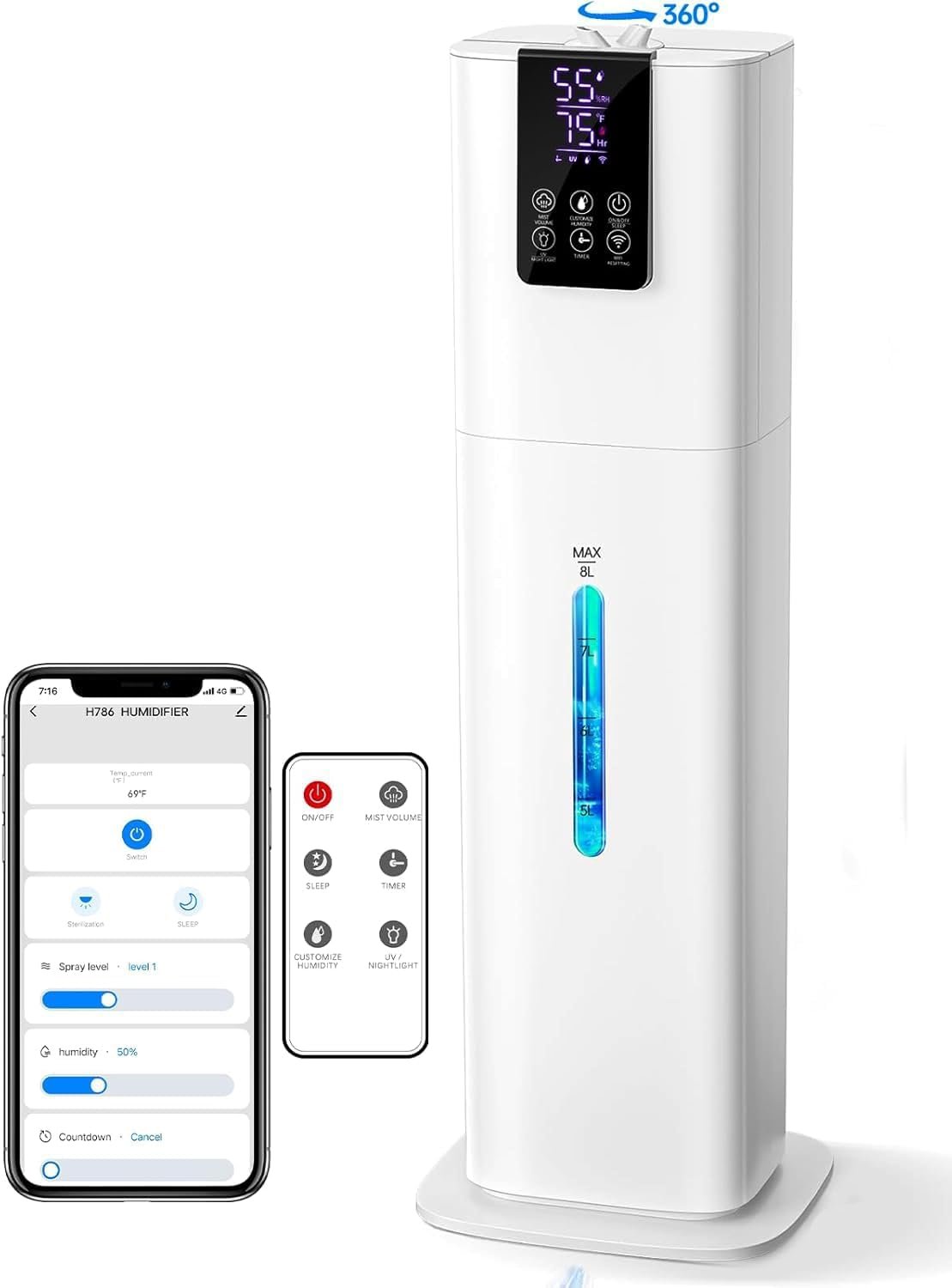 8L Smart Humidifiers for Bedroom Large Room, 2.1Gal Cool Mist Top Fill Diffuser Ambient Light, App & Remote Control, 3 Mist Modes, Quiet Humidifier for Home Office Plant