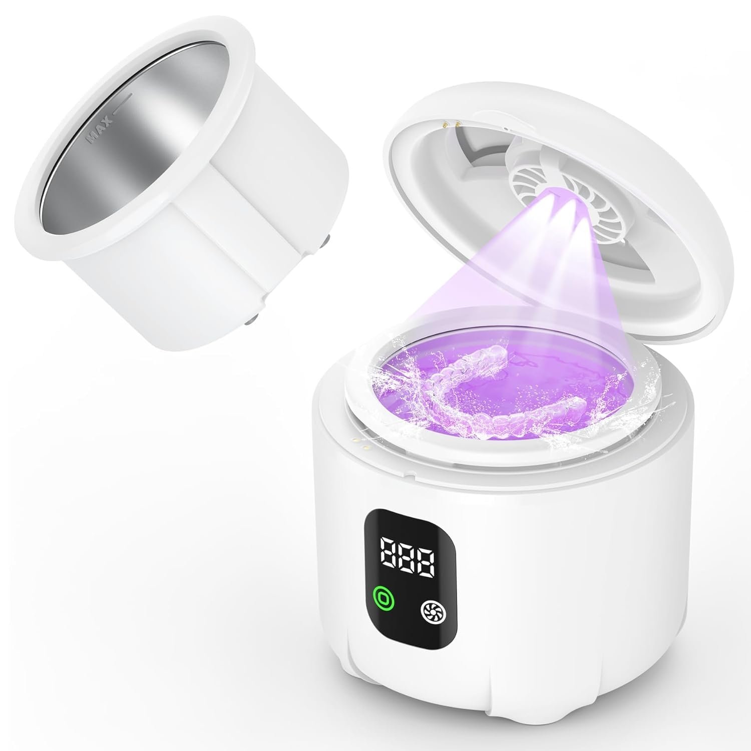 Ultrasonic Retainer Cleaner 25W Portable Ultrasonic Denture Cleaner Multi-Mode 45KHz with Drying and Removable Inner for Dental Trays, Braces, Jewelry, Toothbrushes, Mouth Guards, Aligners,Ring White