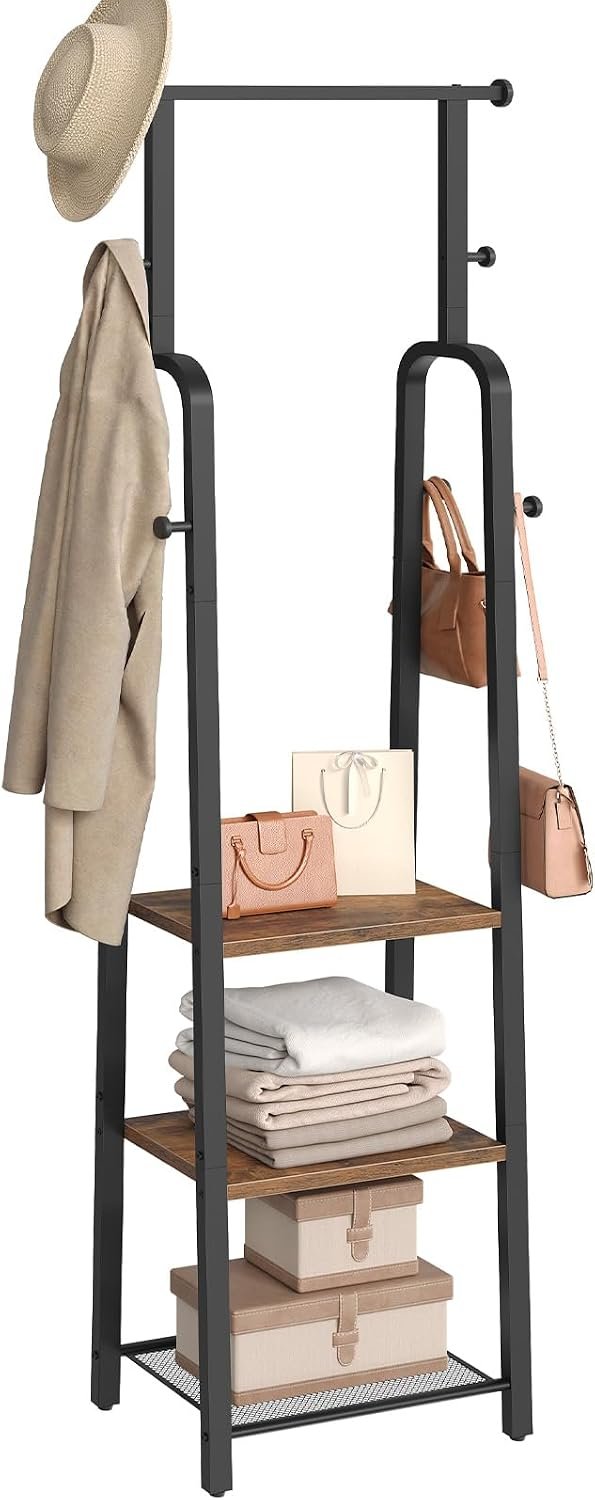MAHANCRIS Coat Rack Freestanding, Hall Tree with 3-Shelves and 8 Hooks, Industrial Clothes Rack Stand Organizer for Entryway, Bedroom, Bags, Hats, Scarves, Rustic Brown and Black CRHR14901