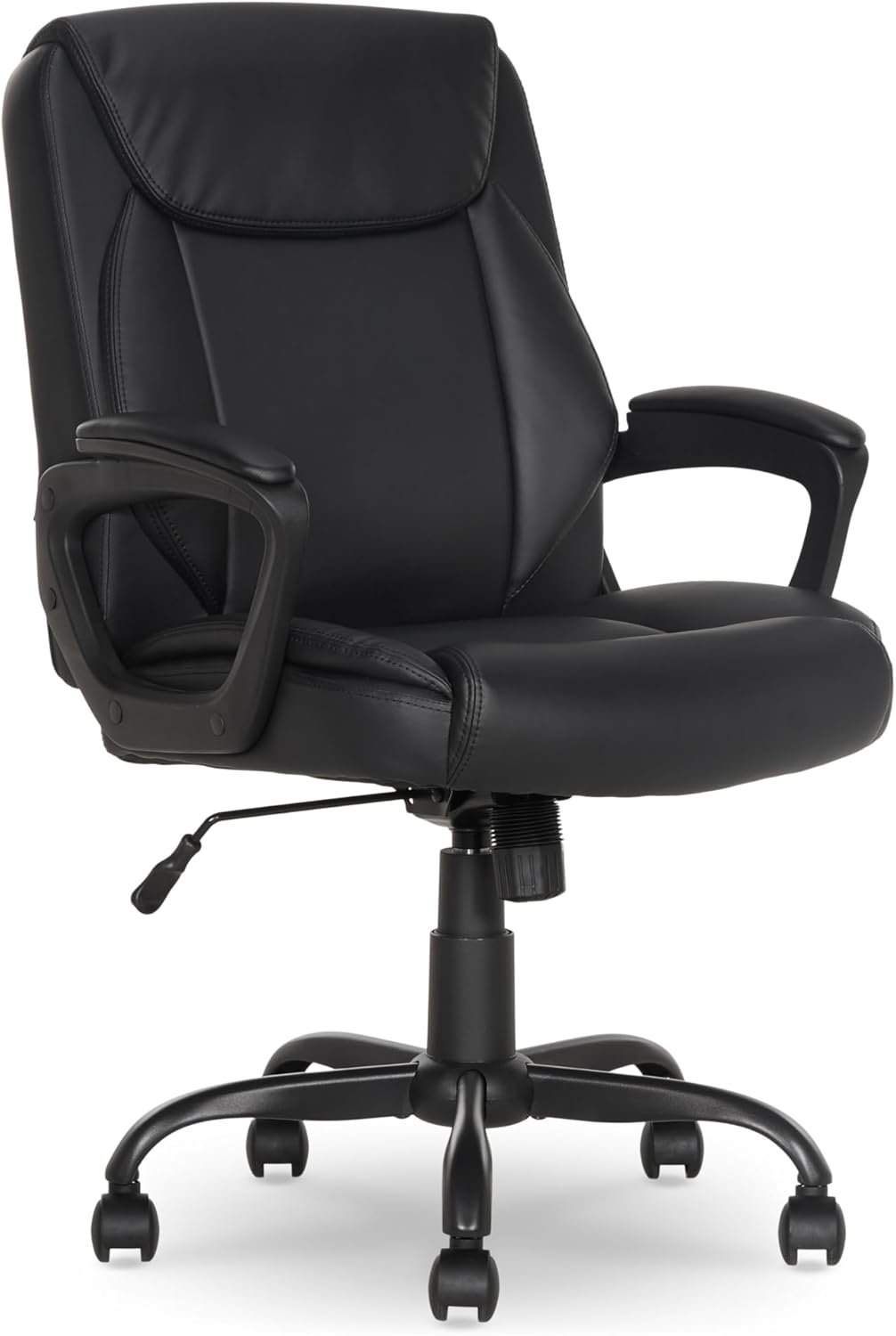 Amazon Basics Classic Puresoft PU Padded Mid-Back Office Desk Chair with Armrest, Easy Assembly, Sturdy Metal Base, Wheels, 275lb Support, 26″D x 23.75″W x 42″H, Black