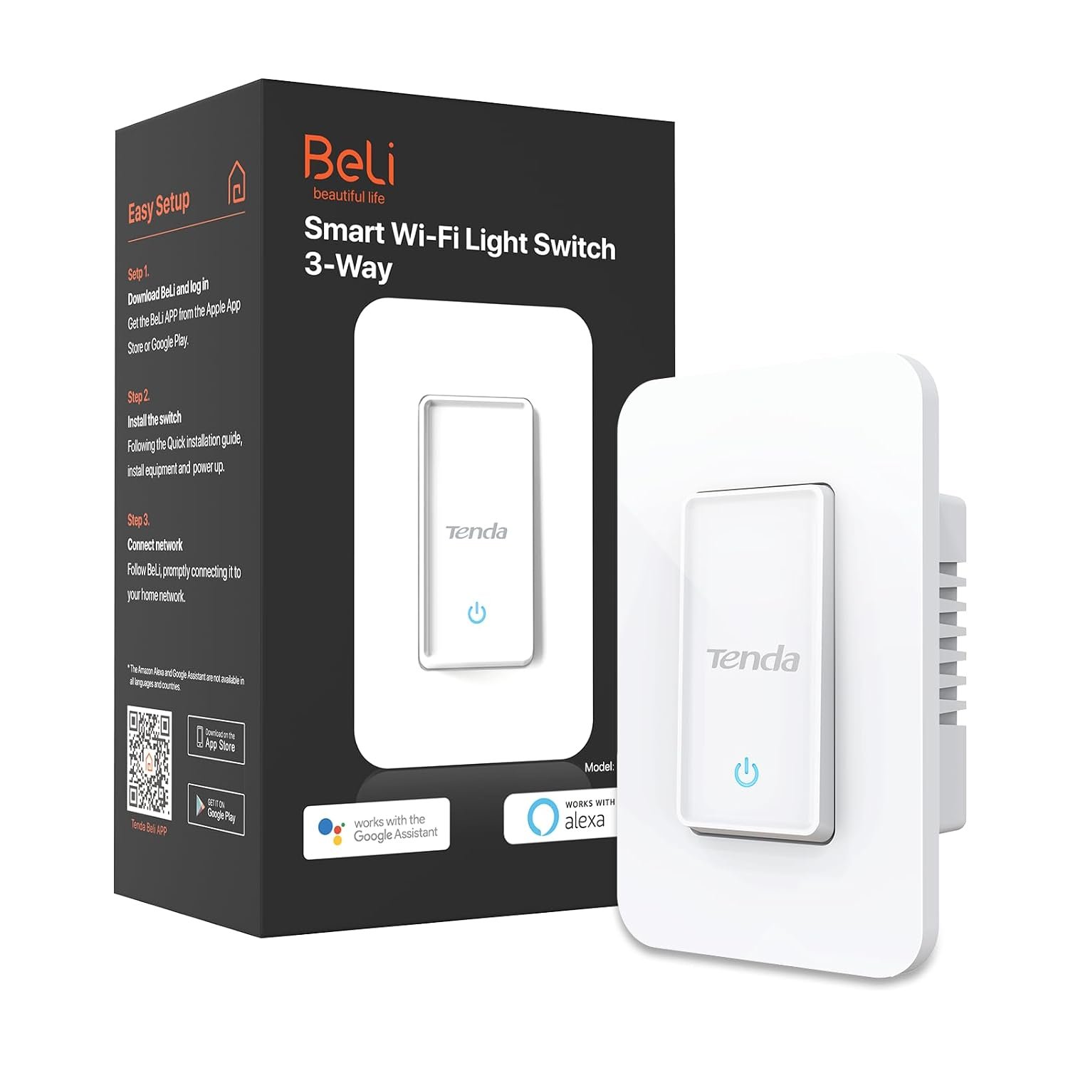Beli SS6 Smart Light Switch,Tenda 2.4GHz WiFi Light Switch | Compatible with Alexa&Google Assistant | Remote Control | Single Pole | Neutral Wire Required | No Hub Required | ETL/FCC Certified,White