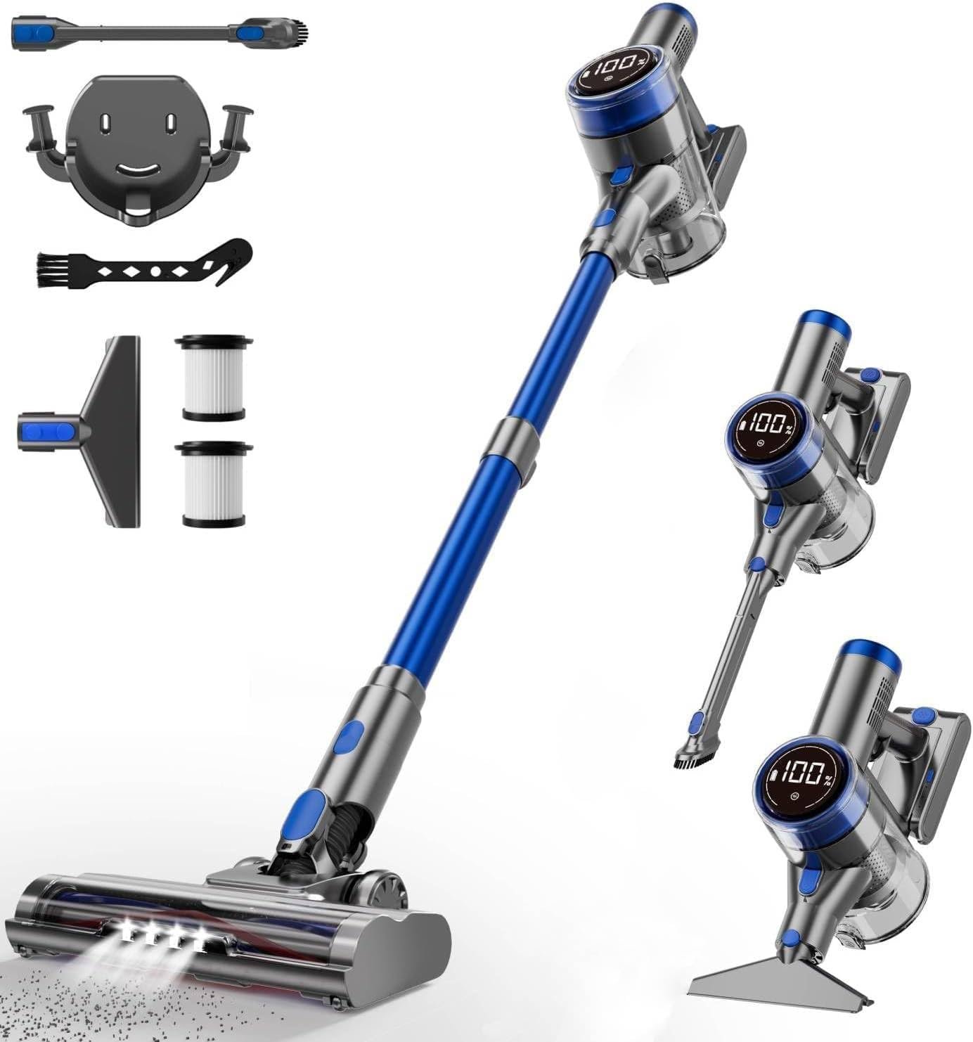 Cordless Vacuum Cleaner, 480W/45Kpa Vacuum Cleaners for Home, Self-Standing Stick Vacuum with LED Display, Anti-Tangle & Wall Mount Charging, 8 in 1 Lightweight Vacuum for Hard Floors Carpet Pet Hair