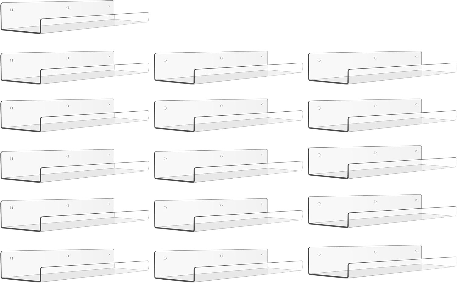 upsimples 16 Pack Acrylic Shelves for Wall Storage, 15″ Floating Bookshelves for Kids, Display Shelf Organizer for Bathroom, Bedroom, Living Room, Kitchen, Room Decor, Clear