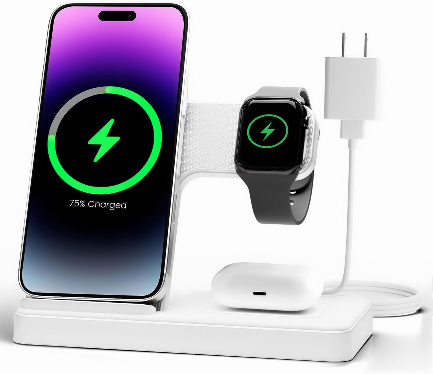 Wireless Charger Stand Charging Station: 3 in 1 Charger Stand Multiple Devices for Apple – iPhone 17 16e 16 15 14 Pro Max 13 12 – Watch 11 10 9 8 7 6 5 4 3 2 SE and Ultra Series-Airpods 4 3 Pro, White