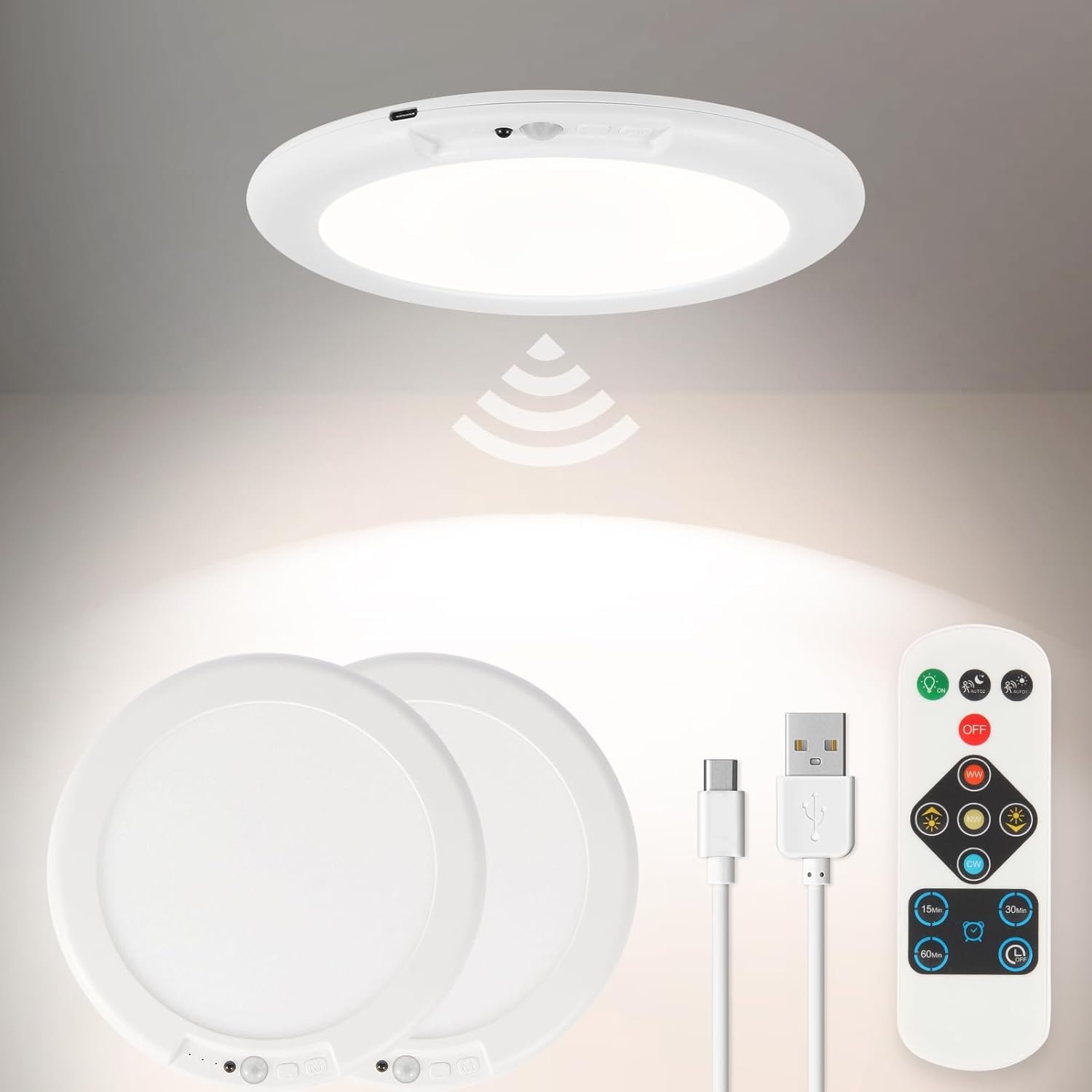 2 Pack Rechargeable Ceiling Light – Wireless Motion Sensor Light with Remote, Timer, Dimmable & 3-Color, Battery Operated Ceiling Lights for Closet Shower Hallway Pantry Shed Porch Stairs