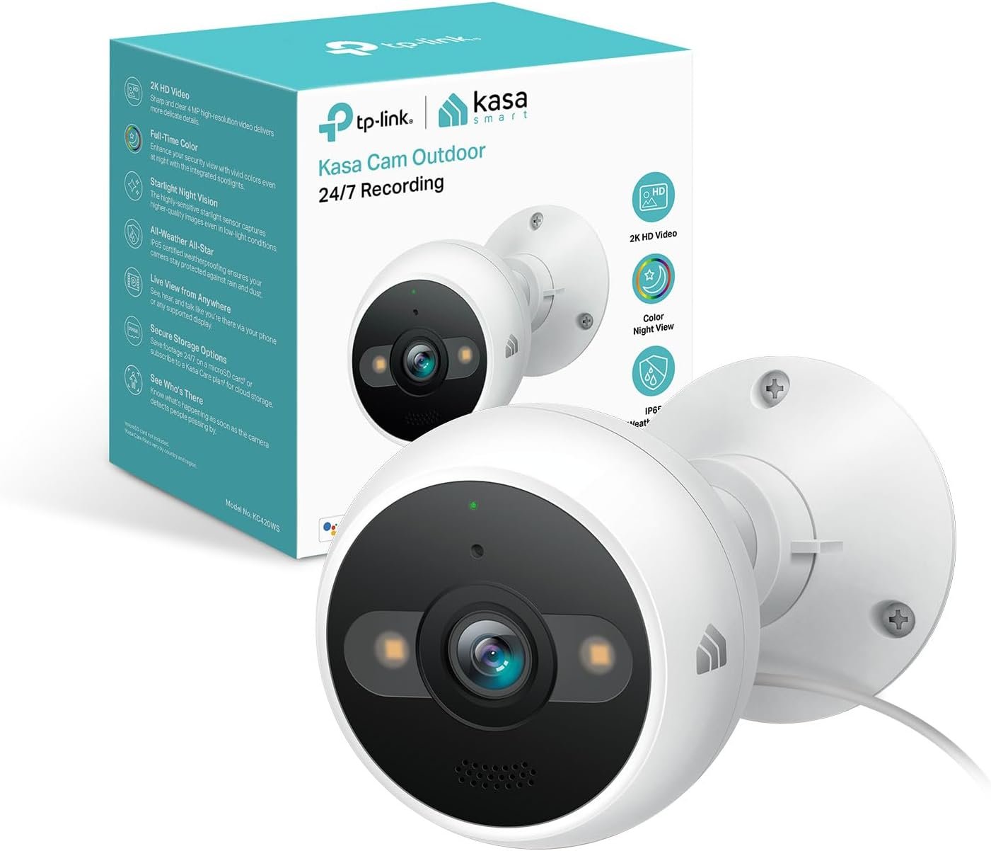 Kasa 2K+ Outdoor Wired Security Camera – Person/Motion Detection, 24/7 Recording, 2-Way Audio, Siren, Starlight Color Night Vision, Subscription-Free Local Storage or Optional Cloud, KC420WS