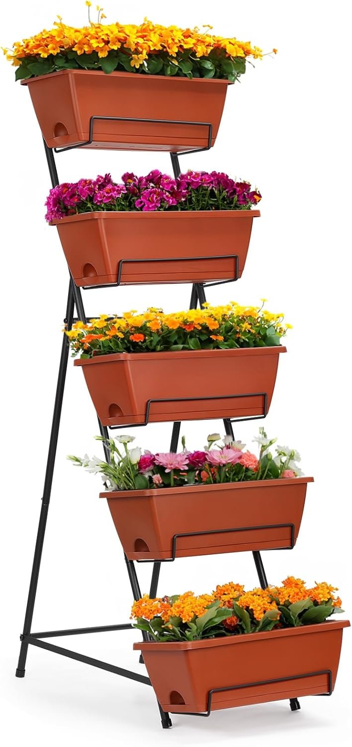 YBING Vertical Garden Bed 5 Tier Vertical Raised Garden Planter Standing Herb Garden Planter Tiered Flower Planter Boxes for Outdoor Plants Brick-Red