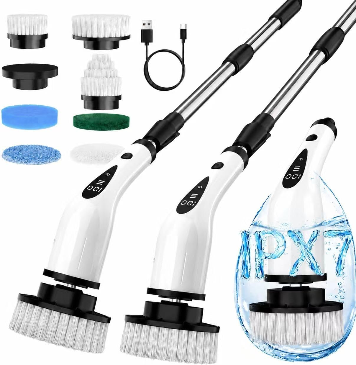 Electric Spin Scrubber, 3-Speed Cordless Cleaning Brush with 8 Brush Heads & Base, IPX7 Waterproof, Adjustable Long Handle, Digital Display, 2500mAh Fast Charging, for Bathroom, Tub, Tile, Floor