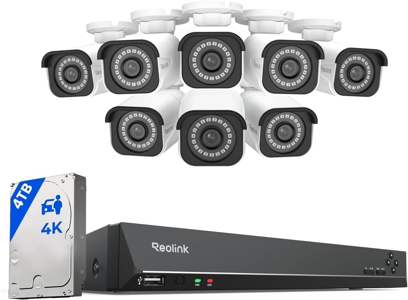 REOLINK 16CH 4K Security Bullet Camera System with 4TB HDD RLK16-800B8 | 8pcs H.265 PoE IP Cameras Wired with Person Vehicle Detection, 8MP/4K 16CH NVR with 4TB HDD for 24-7 Recording
