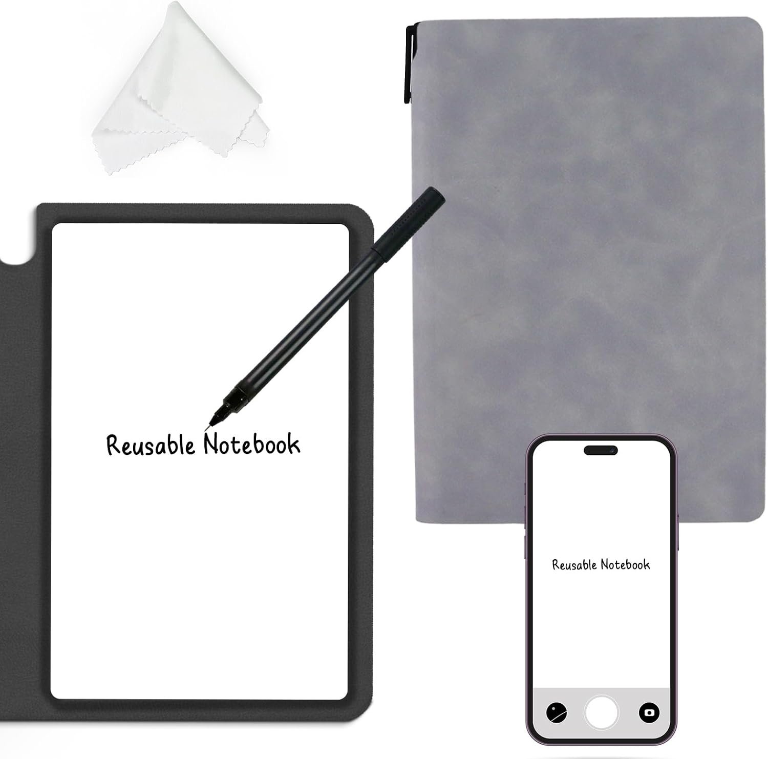 Reusable Whiteboard Notebook, A5 Erasable Smart Notebook, Portable Sketchbook with Wipe Cloth and Writing Pen for Students Kids Teacher