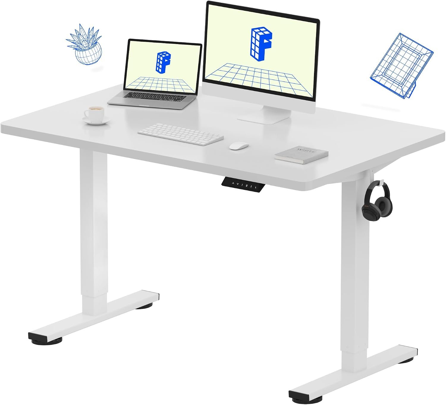 FLEXISPOT EN1 One-Piece Standing Desk with 1-Inch Thick Seamless Desktop, 48″x30″ Electric Height Adjustable Desk for Home Office, Multi-Monitor Setups & Easy Assembly, White