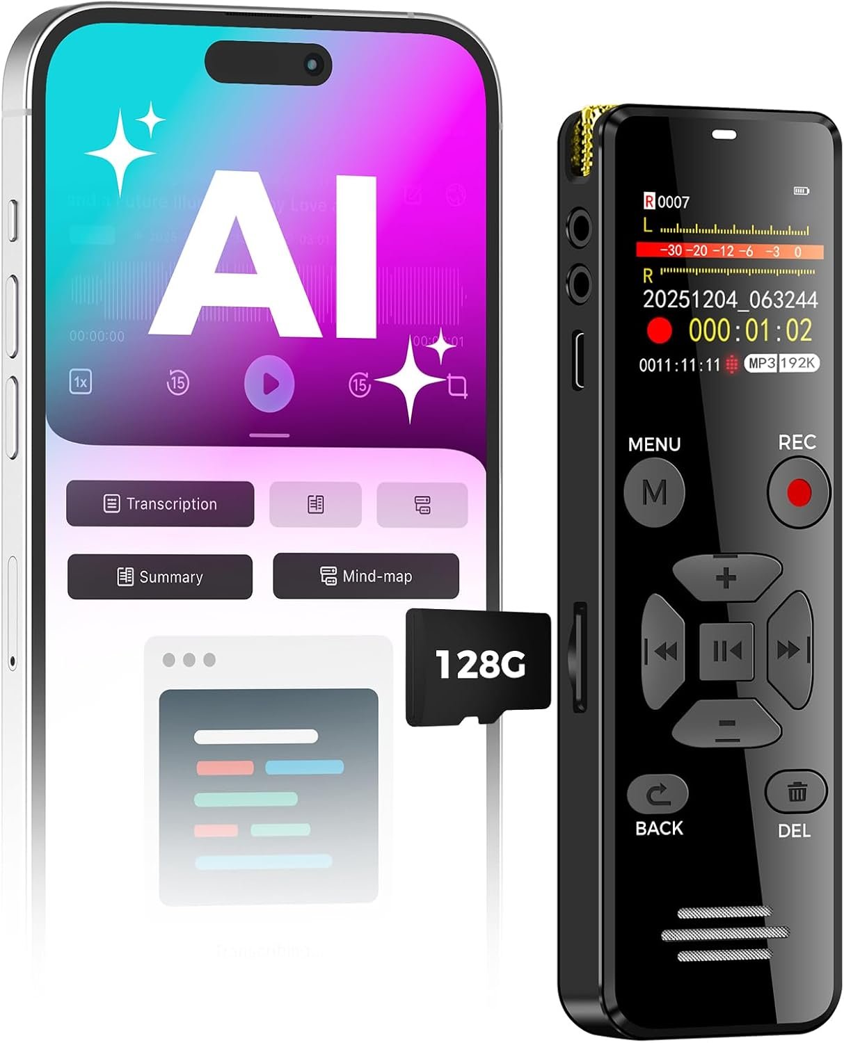 AI Digital Voice Recorder 128GB: AI Transcribe & Summarize Note Taker, Voice Activated Recorder with Playback, Portable Audio Recorder & Tape Recorder for Meetings Lectures, OTG Support