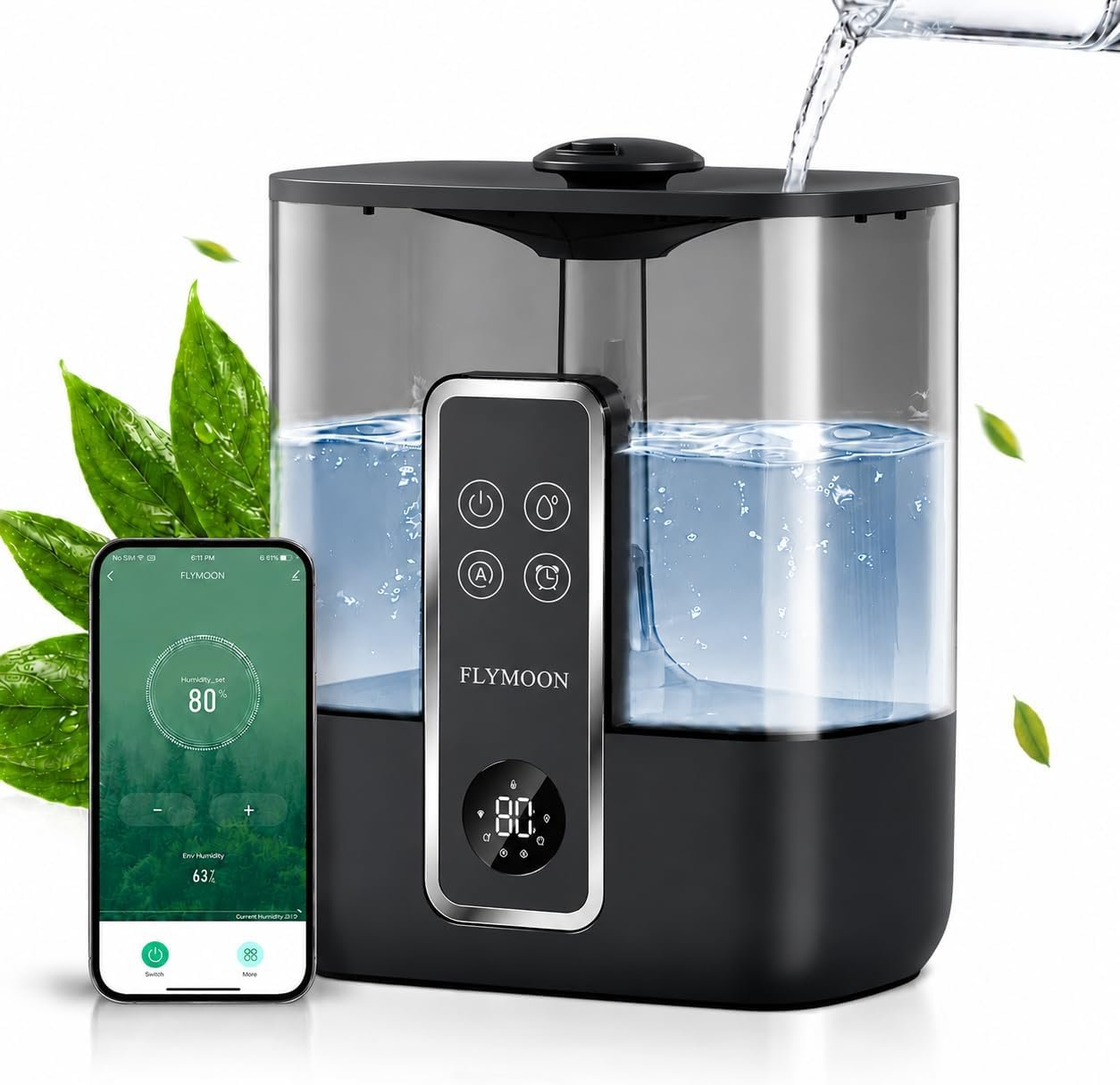 FLYMOON Top Fill 5L Cool Mist Humidifiers with 28dB | Tuya App & Touch Control, Auto-Off, 12H Timer, 50 Hour Runtime, Ultra-fine Mist, Ideal for Bedrooms, Black