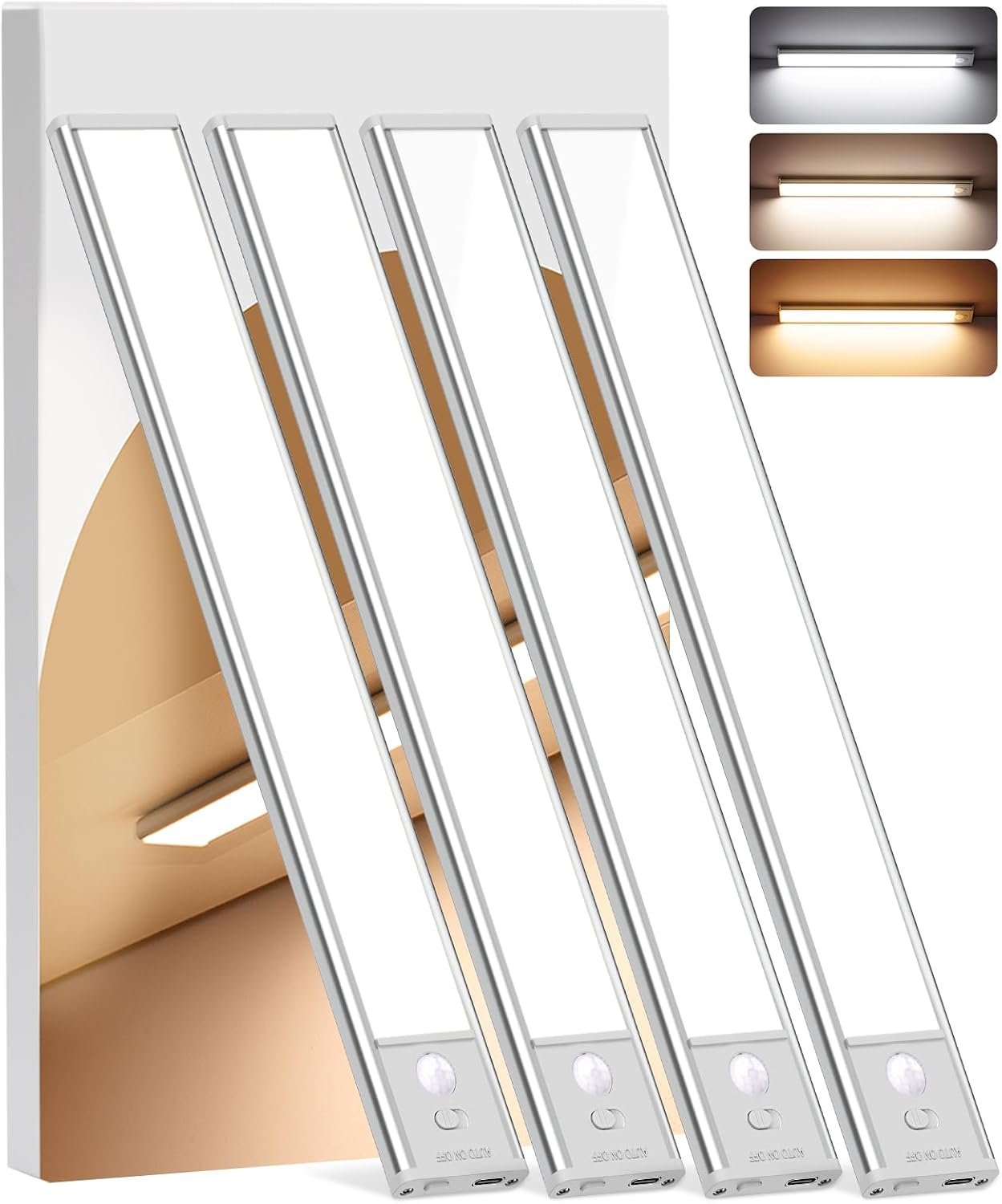 Under Cabinet Lighting Wireless, 4Pack Motion Sensor Light Indoor with 3 Color Temps, Dimmable Closet Lights Battery Operated, LED Magnetic Light, Rechargeable Under Counter Lights for Kitchen Home