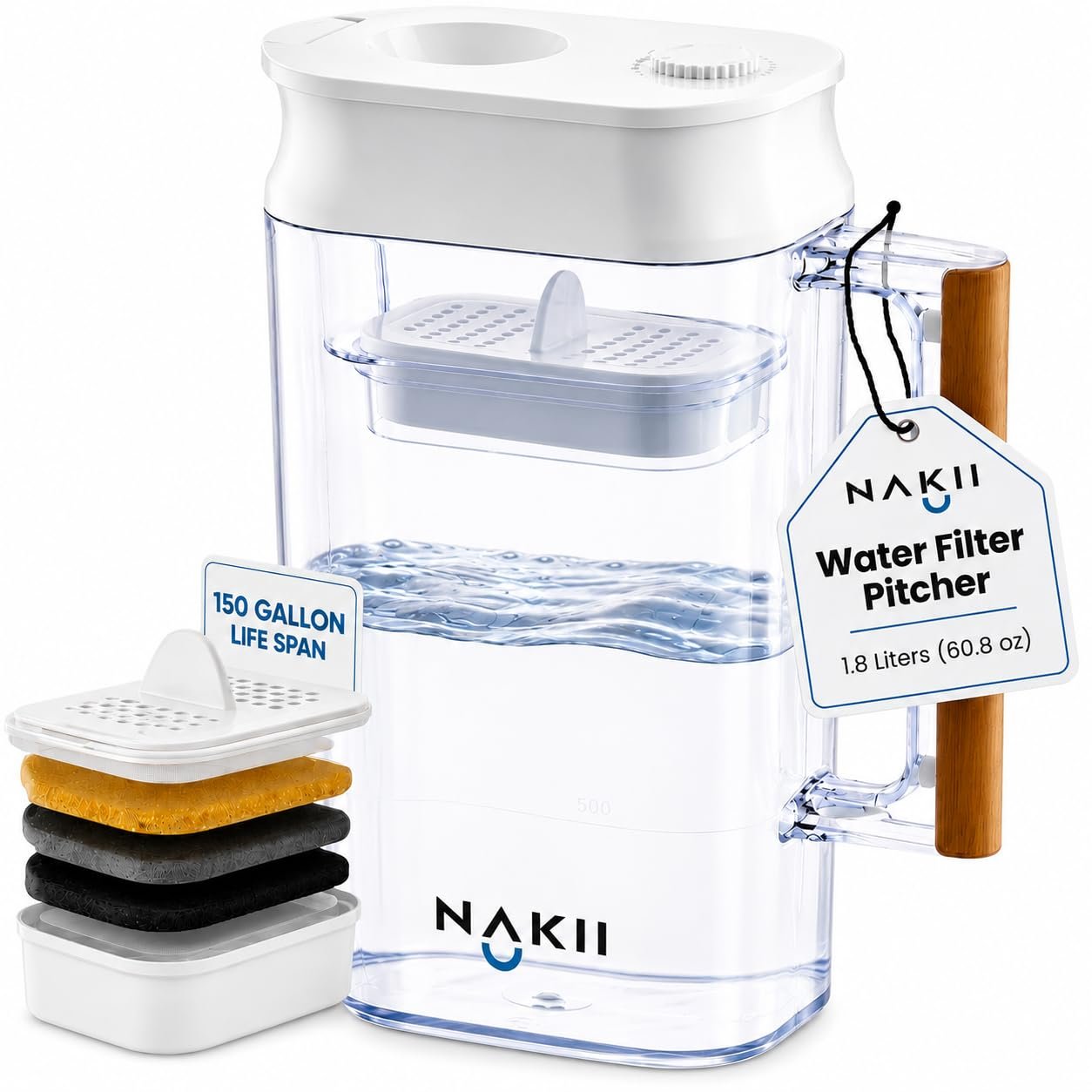 Nakii Water Filter Pitcher 1.8L – Long Lasting 150 Gallons Filtered Water Pitchers With Fast Filtration & Purification Technology – Removes Chlorine, Metals For Clean Tasting Water – WQA Certified