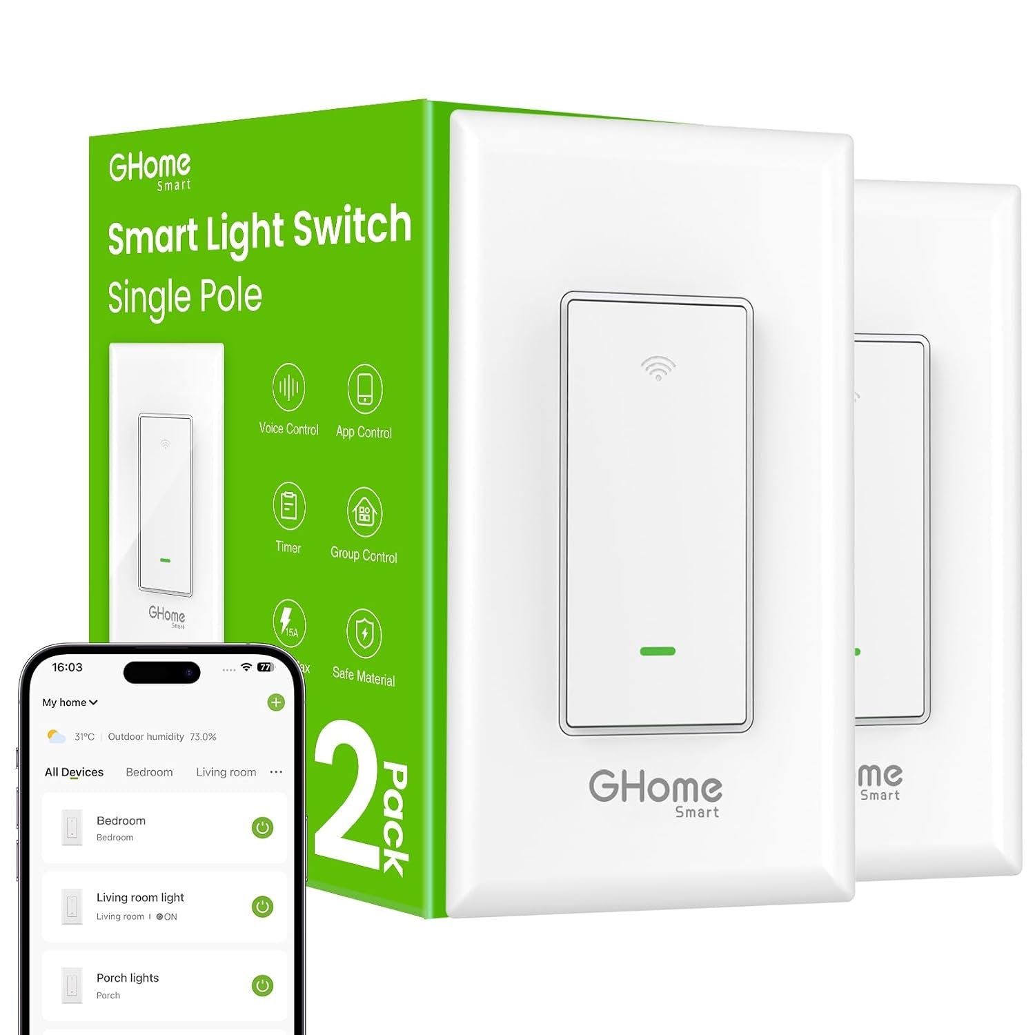 GHome Smart Switches for Lights, Smart Light Switch Works with Alexa and Google Home, Single Pole, 2.4Ghz WiFi Light Switch, Voice Control, Remote Control, Schedule & Timer, Easy Setup, UL FCC Listed