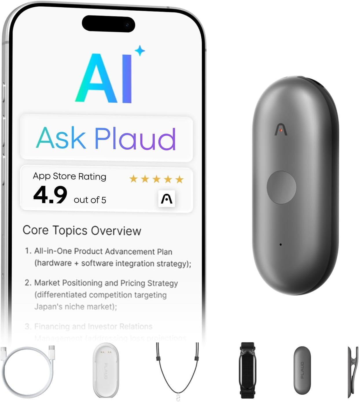 Plaud NotePin S AI Voice Recorder, Wearable AI Notetaker, AI Transcribe & Summarize, Support 112 Languages, 64GB Audio Recorder for Meetings Interviews, Professionals, Teams, with 4 Accessories