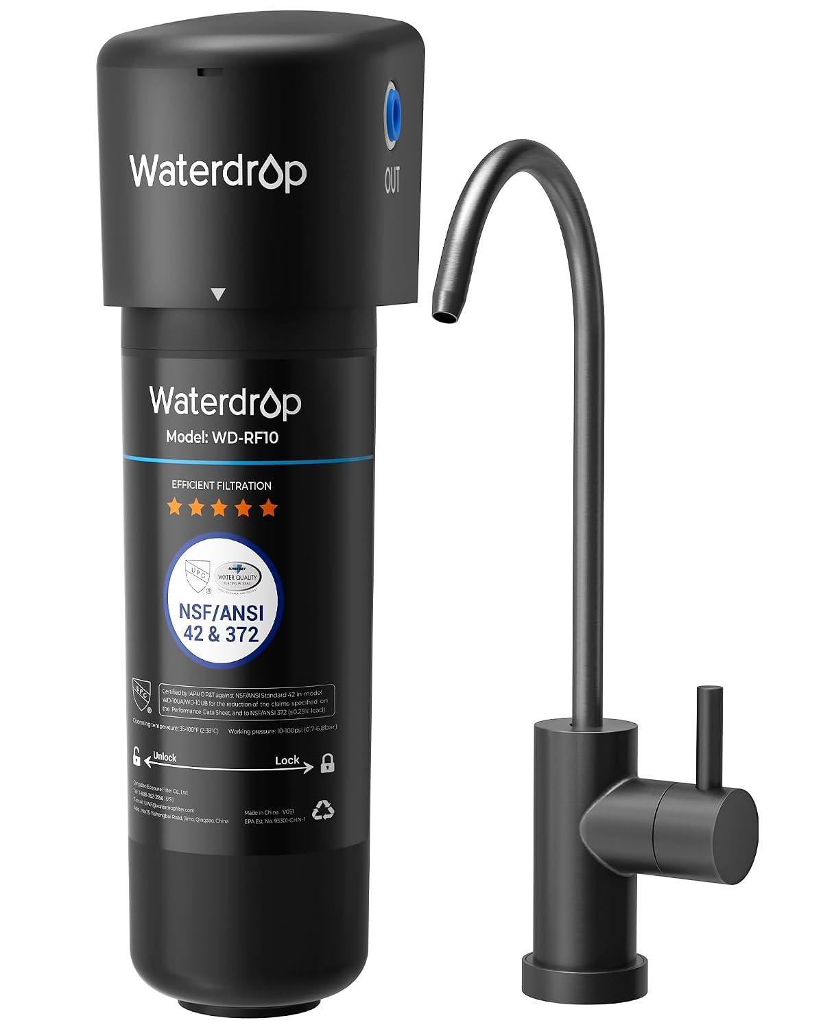 Waterdrop 10UB-B Under Sink Water Filter System, Reduces PFAS, PFOA/PFOS, Lead, Chlorine, Bad Taste & Odor, NSF/ANSI 42 Certified, Under Sink Water Filter with Black Faucet, 1 Year