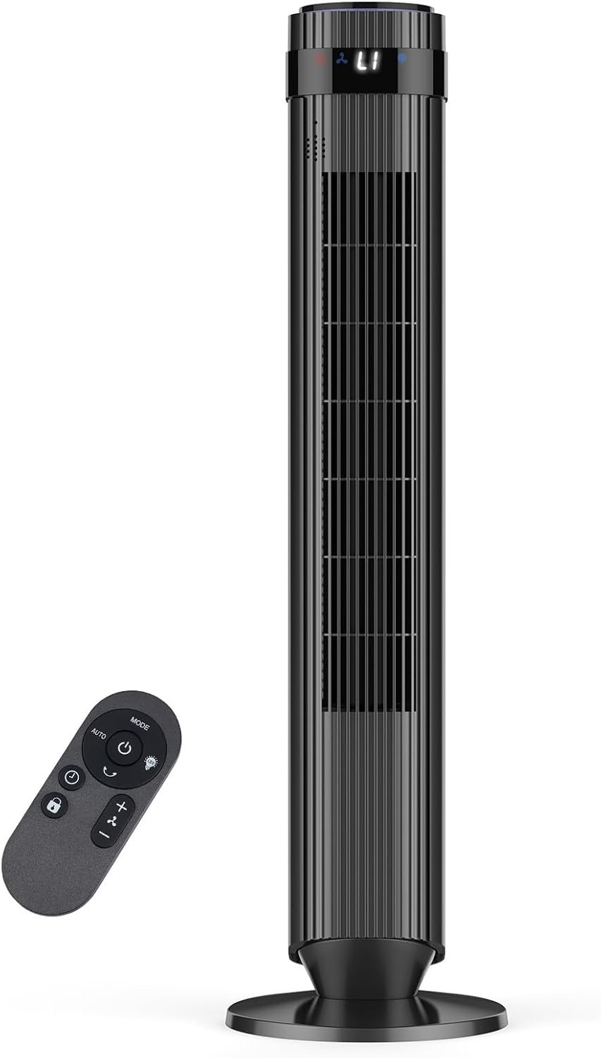 OLIXIS Tower Fan for Bedroom, 28dB Quiet Floor Standing Fan with Remote, 12H Timer, 5 Speeds, 4 Modes, LED Display, Portable Bladeless Oscillating Cooling Fan for Indoor, Home, Office – Black