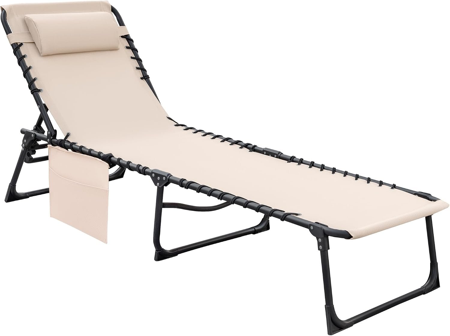 Flamaker Foldable Chaise Lounge Chair 5-Position Adjustable, Tanning Chair with Side Pocket, Outdoor Sunbathing for Pool, Beach, Patio, Lawn, Indoor Recliner Chair for Napping(Beige, 1 Pcs)