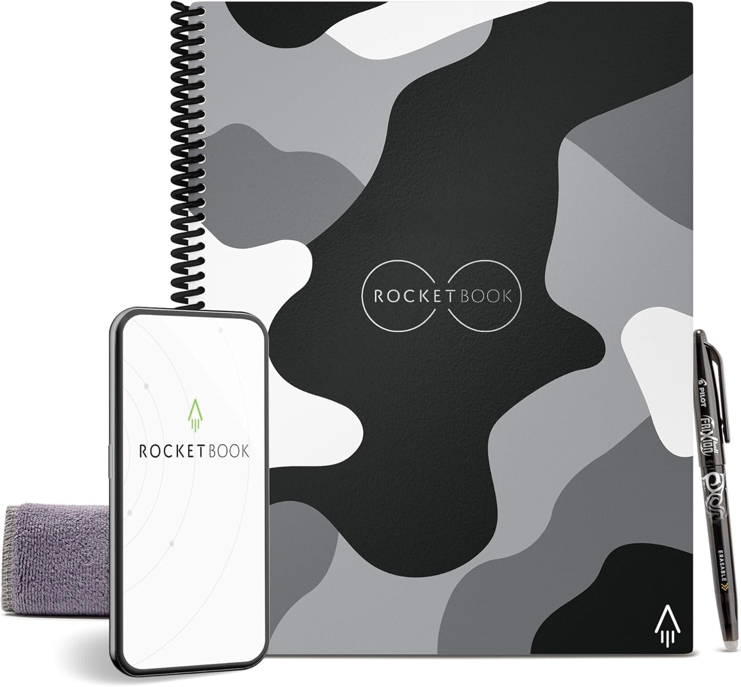 Rocketbook Core Reusable Spiral Notebook, Letter Size 8.5×11, Camo – Dotted Pages, App-Connected, Erasable, Durable Cover, Ideal for School, Work, and Creative Projects