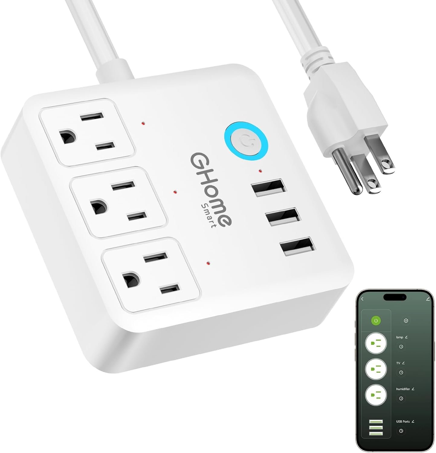 GHome Smart Power Strip Surge Protector 10A, Smart Plug that Works with Alexa & Google Home, 6 in 1 WiFi Outlets with APP Control, White Extension Cord 2.4G WiFi Only, ETL FCC Listed, No Hub Needed