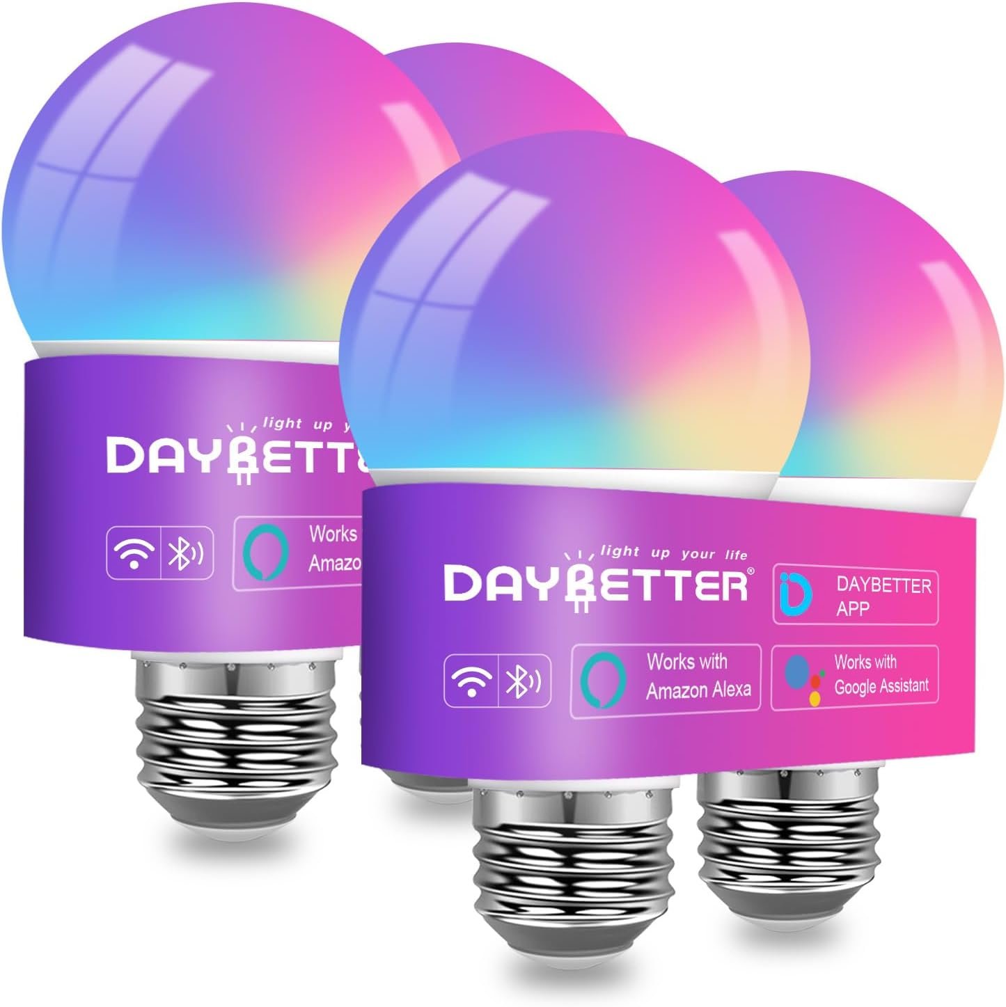 DAYBETTER Smart Light Bulbs, RGBCW Color Changing Smart Bulb Compatible with Alexa & Google Home,Preset Scene, Music Sync, A19 E26 2.4G WiFi Bluetooth Dimmable LED Bulbs, 60W Equivalent, 800LM, 4 Pack