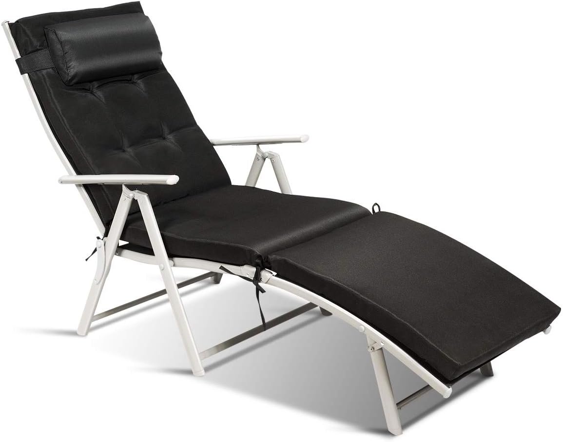 Tangkula Outdoor Folding Chaise Lounge Chair, Lightweight Recliner Chair w/ 7 Adjustable Backrest Positions, Patio Reclining Beach w/Removable Cushion & Pillow for Patio Poolside No Assembly Required