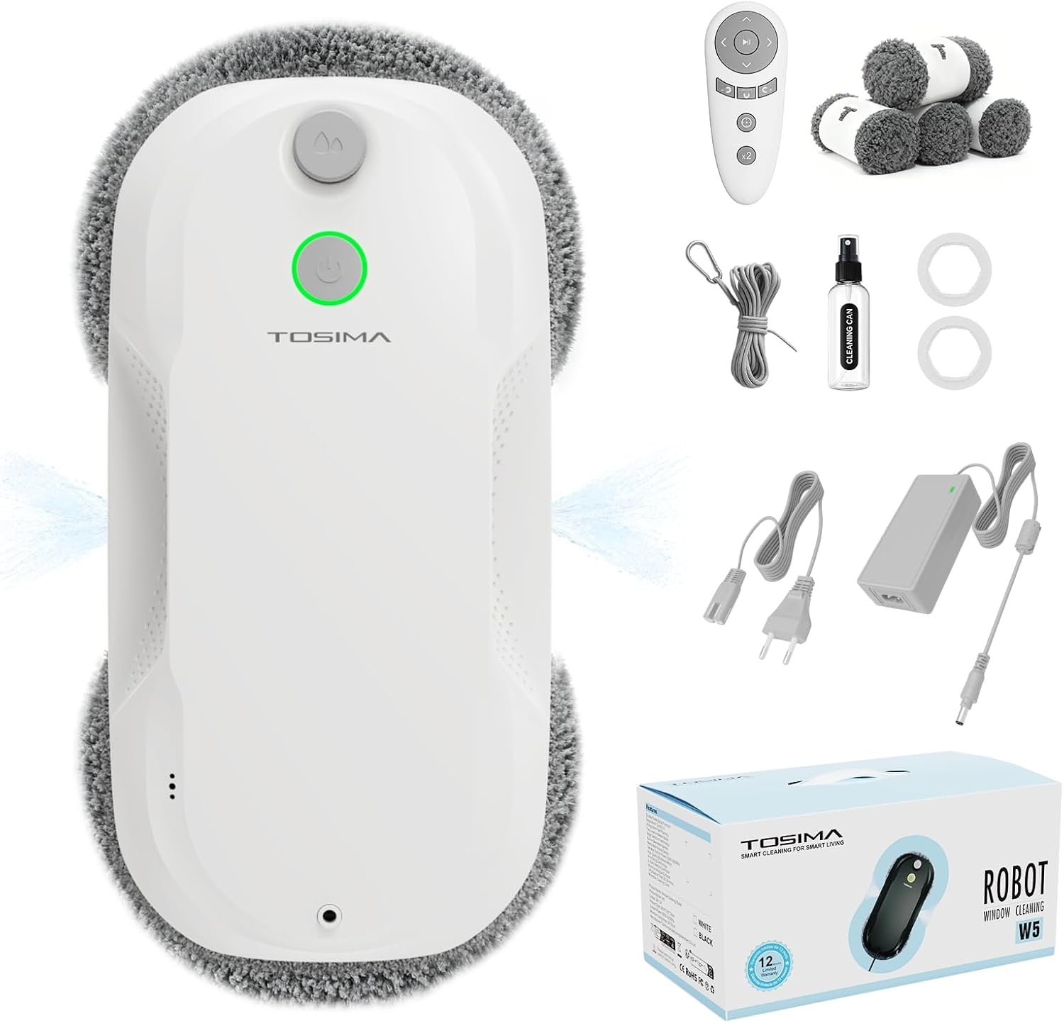 Tosima W5 Window Cleaning Robot, 6400Pa Max Adaptive Suction, Auto-Spray Smart Window Cleaner with Triple Safety System, Intelligent Navigation, Remote Control, for All Smooth Surfaces, White