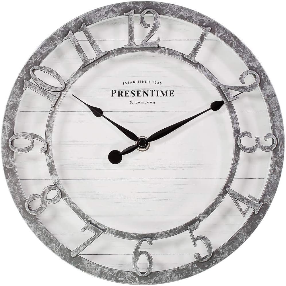 Presentime & Co 10″ Farmhouse Series Wall Clock, Quartz Movement, Shiplap Style, Raised 3D Arabic Numeral, Galvanized Finish