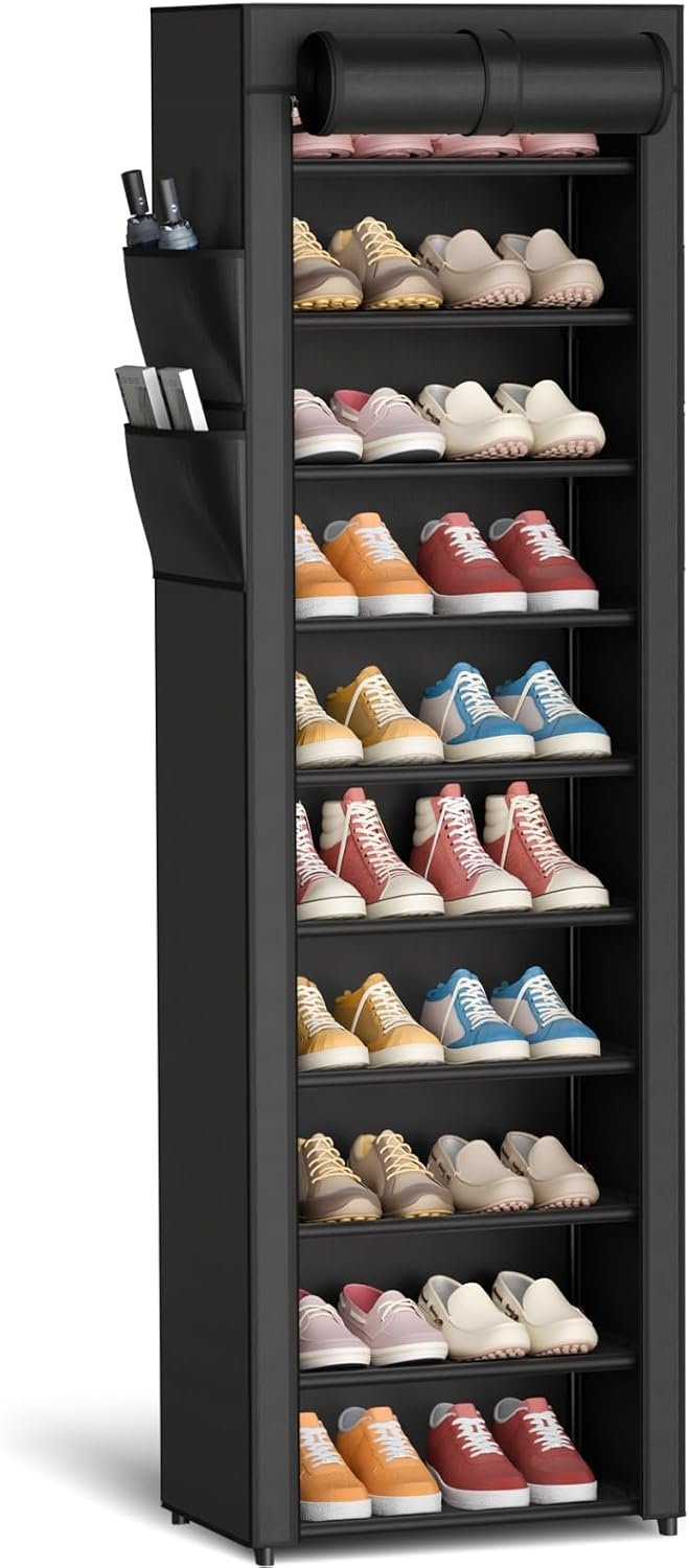 Kitsure Shoe Rack – 10-Tier Large Capacity Shoe Organizer Shelf with Dust Cover & Side Pockets, Rust-Proof Metal Shoe Rack for Closet, Entrance, Living Room, 17.5″ x 12.4″ x 69.3″, Black